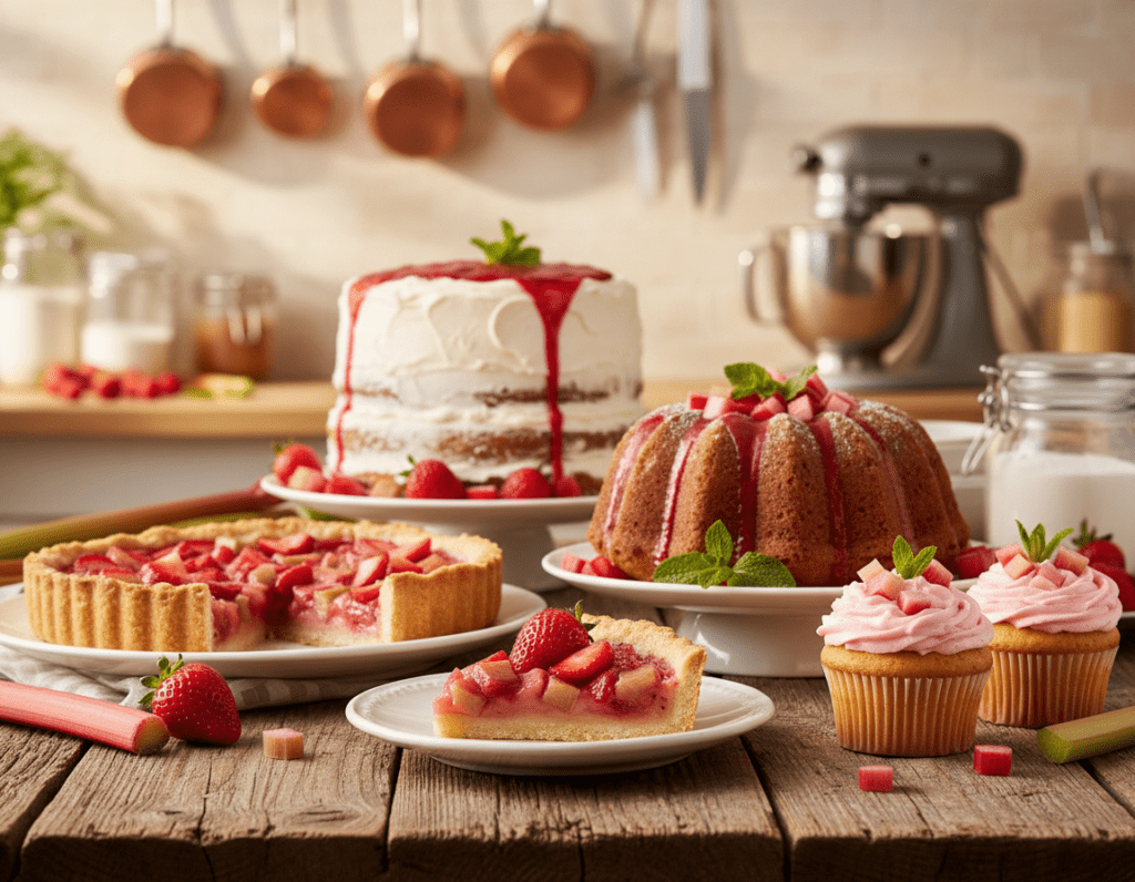 A delightful display of various strawberry and rhubarb cakes arranged artistically on a rustic wooden table. In the foreground, a slice of a vibrant pink strawberry-rhubarb tart is elegantly plated, showcasing its flaky crust and fresh toppings. Beside it, delicate cupcakes topped with swirls of creamy strawberry frosting and pieces of rhubarb are beautifully decorated. In the middle ground, a large, round cake with layers of strawberry and rhubarb jam is garnished with mint leaves. The background features a softly blurred kitchen setting with warm, inviting lighting casting a golden glow. The overall atmosphere is cozy and inviting, perfect for a baking enthusiast, highlighting creativity and charm in cake variations. Use a shallow depth of field for a professional look.