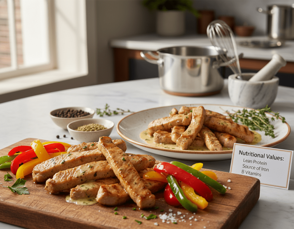 A detailed and visually appealing composition showcasing the nutritional values of pork strips in a professional context. In the foreground, a wooden cutting board displays a portion of succulent pork strips, garnished with colorful bell peppers and a rich, creamy sauce. The middle layer features a stylish plate with a serving of the dish, surrounded by fresh herbs and spices, offering visual clues about healthiness. In the background, an elegant kitchen environment is softly lit, creating a warm and inviting atmosphere, with kitchen utensils and light cooking equipment subtly blurred. The image should have natural lighting, reminiscent of a food magazine photo, with a slight depth of field that draws focus to the pork dish while suggesting its nutritious qualities.