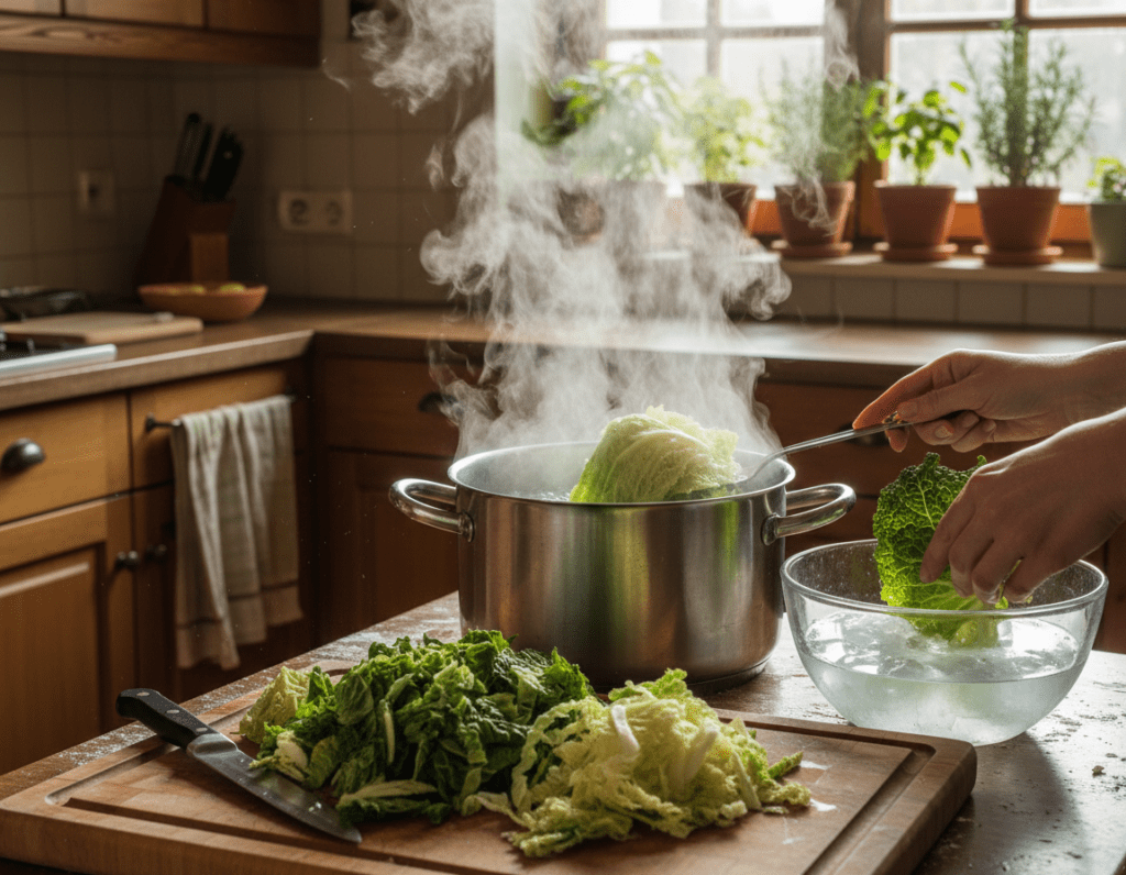 A detailed kitchen scene featuring a step-by-step preparation of savoy cabbage (Wirsing). In the foreground, a chopping board with freshly cut green leaves, showcasing their crisp texture and vibrant color. A large pot of boiling water is in the middle, with steam rising, indicating the blanching process. The background includes a cozy kitchen with wooden cabinets and herb pots on the windowsill, creating a warm atmosphere. Soft, natural lighting streams through the window, casting gentle shadows. A pair of modestly dressed hands demonstrate the technique of blanching the cabbage, using a slotted spoon to transfer the greens from the pot to a bowl of ice water. The overall mood is inviting and instructional, perfect for a cooking guide.
