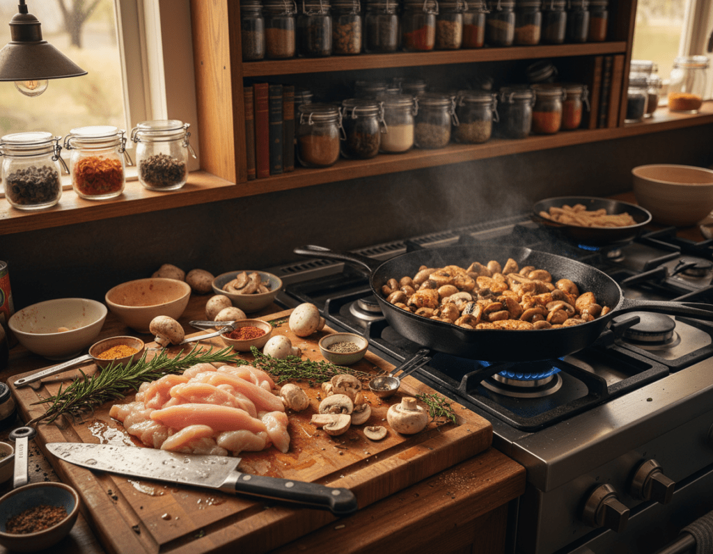 A detailed kitchen scene showcasing the preparation of sliced chicken with mushrooms, emphasizing common mistakes to avoid. In the foreground, a wooden cutting board holds neatly cut chicken strips and sliced mushrooms, accompanied by fresh herbs and spices. A set of cooking utensils, like a chef's knife and measuring spoons, is placed nearby. The middle ground features a skillet on a gas stove, with chicken being sautéed, capturing the sizzle and steam rising from the pan. In the background, shelves filled with jars of spices and cookbooks create a cozy atmosphere, illuminated by warm, soft lighting. The angle is slightly overhead, providing a comprehensive view of the cooking process, conveying a mood of culinary expertise and comfort, ready for an engaging cooking experience.