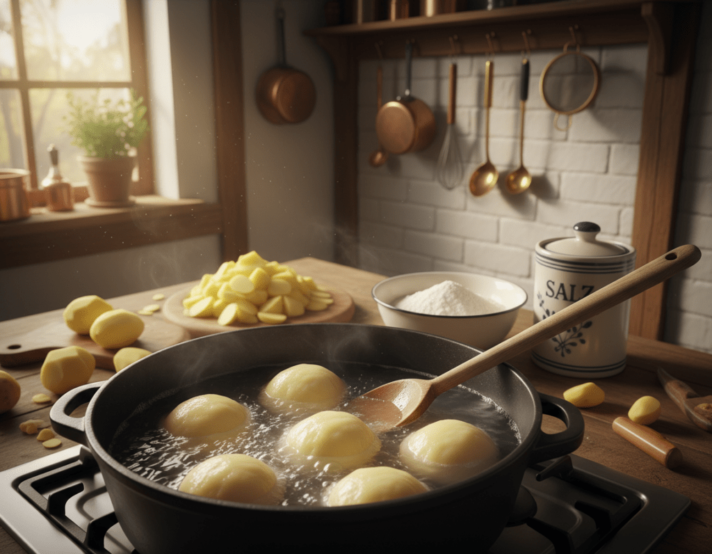 A detailed step-by-step illustration of cooking Kartoffelknödel in a cozy kitchen setting. In the foreground, a pot filled with boiling water containing round, fluffy dumplings, perfectly shaped and glistening. A wooden spoon rests beside the pot. In the middle, a rustic wooden table is adorned with peeled and chopped potatoes, a bowl of flour, and a canister of salt, emphasizing the preparation process. The background features a warmly lit kitchen with vintage utensils hanging on the wall and a window letting in soft, natural light, creating a warm, inviting atmosphere. The overall mood is homely and nostalgic, capturing the essence of traditional German cooking. The image should be clear, with a slight depth of field focusing on the dumplings and the preparation ingredients. A detailed step-by-step illustration of cooking Kartoffelknödel in a cozy kitchen setting. In the foreground, a pot filled with boiling water containing round, fluffy dumplings, perfectly shaped and glistening. A wooden spoon rests beside the pot. In the middle, a rustic wooden table is adorned with peeled and chopped potatoes, a bowl of flour, and a canister of salt, emphasizing the preparation process. The background features a warmly lit kitchen with vintage utensils hanging on the wall and a window letting in soft, natural light, creating a warm, inviting atmosphere. The overall mood is homely and nostalgic, capturing the essence of traditional German cooking. The image should be clear, with a slight depth of field focusing on the dumplings and the preparation ingredients.