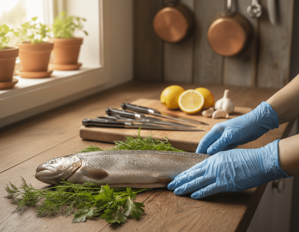 A fresh trout lies on a wooden kitchen counter, glistening with moisture and surrounded by fresh herbs like dill and parsley. In the foreground, a pair of skillful hands, wearing modest kitchen gloves, carefully examines the fish, one hand gently touching the scales. In the middle, a cutting board displays sharp knives and tools for preparation, alongside halved lemons and garlic cloves, indicating the next steps in seasoning. The background features a softly lit kitchen with rustic decor, emphasizing warmth and a homey atmosphere. Natural light filters through a window, casting a gentle glow over the scene, creating a serene and inviting mood, perfect for an authentic cooking experience. A fresh trout lies on a wooden kitchen counter, glistening with moisture and surrounded by fresh herbs like dill and parsley. In the foreground, a pair of skillful hands, wearing modest kitchen gloves, carefully examines the fish, one hand gently touching the scales. In the middle, a cutting board displays sharp knives and tools for preparation, alongside halved lemons and garlic cloves, indicating the next steps in seasoning. The background features a softly lit kitchen with rustic decor, emphasizing warmth and a homey atmosphere. Natural light filters through a window, casting a gentle glow over the scene, creating a serene and inviting mood, perfect for an authentic cooking experience.