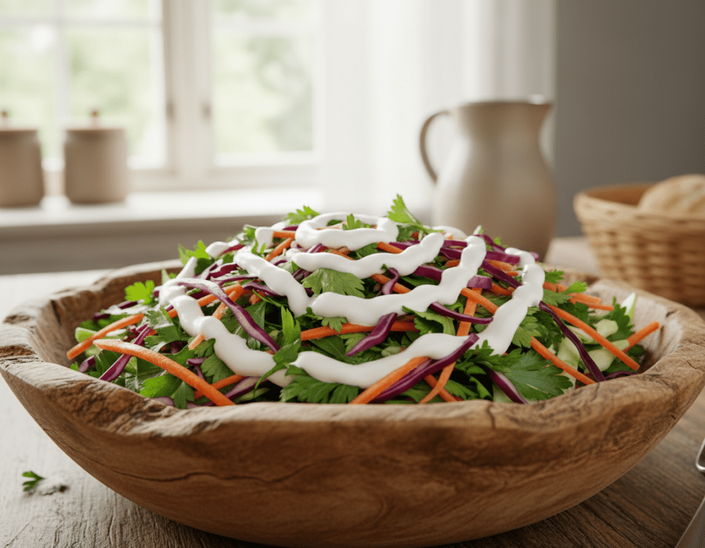 A fresh, vibrant coleslaw salad made with finely shredded green and purple cabbage, crisp carrots, and chopped parsley, all tossed in a creamy yogurt dressing. The salad is neatly arranged in a rustic wooden bowl, showcasing its colorful textures and appealing ingredients. In the background, a soft-focus kitchen setting enhances the homely atmosphere, with natural light filtering through a nearby window, casting a warm glow on the scene. The angle is slightly above the bowl, capturing all the layers of the ingredients, emphasizing freshness and healthiness. A few yogurt dressing drizzles artfully adorn the top, inviting and appetizing. The overall mood is bright, cheerful, and inviting, perfect for a healthy culinary experience. A fresh, vibrant coleslaw salad made with finely shredded green and purple cabbage, crisp carrots, and chopped parsley, all tossed in a creamy yogurt dressing. The salad is neatly arranged in a rustic wooden bowl, showcasing its colorful textures and appealing ingredients. In the background, a soft-focus kitchen setting enhances the homely atmosphere, with natural light filtering through a nearby window, casting a warm glow on the scene. The angle is slightly above the bowl, capturing all the layers of the ingredients, emphasizing freshness and healthiness. A few yogurt dressing drizzles artfully adorn the top, inviting and appetizing. The overall mood is bright, cheerful, and inviting, perfect for a healthy culinary experience.