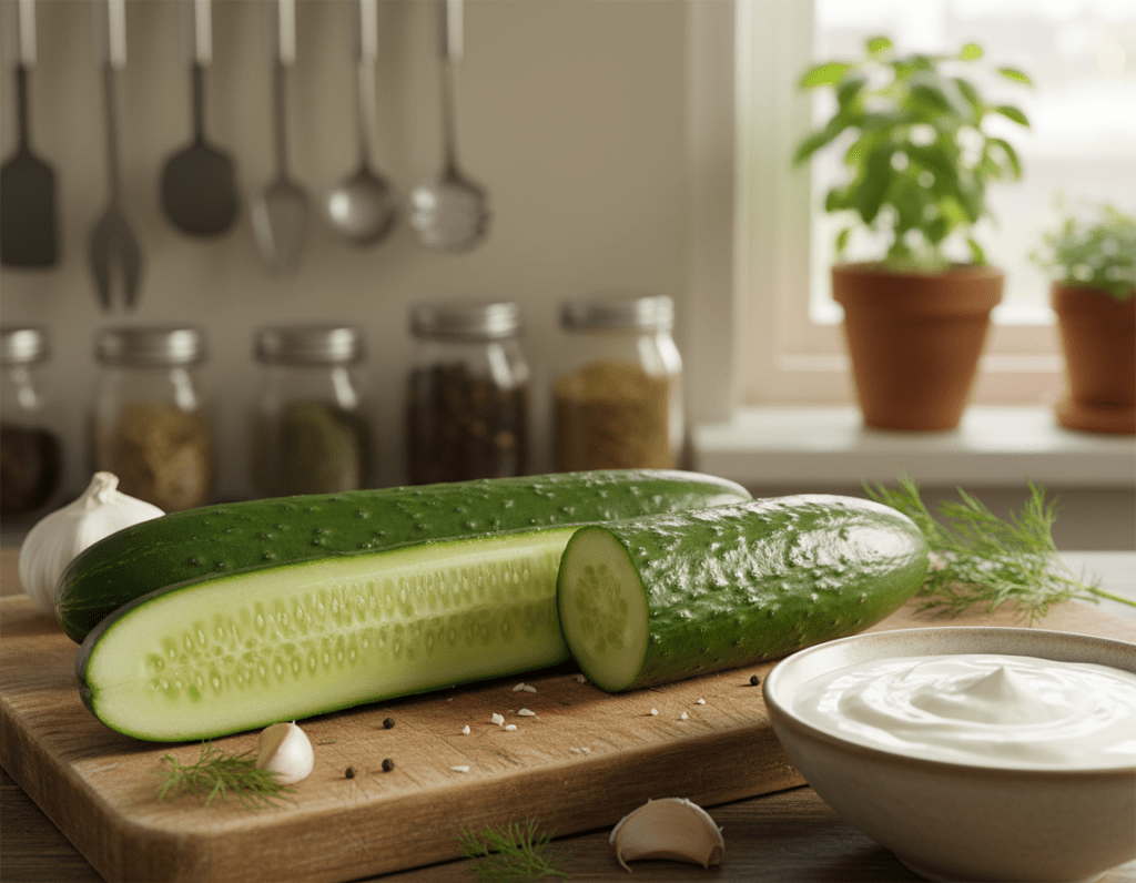 A fresh, vibrant cucumber ideal for making Zaziki, displayed prominently in the foreground, showcasing its smooth, glossy skin and rich green color. The cucumber is cut in half to reveal its crisp, juicy interior, with seeds glistening. In the middle, a rustic wooden cutting board is subtly toned, suggesting a cozy kitchen setting. Various ingredients for Zaziki, like garlic cloves, fresh dill, and Greek yogurt, are artfully arranged to the sides, hinting at the recipe's simplicity. The background features softly blurred kitchen utensils and herbs, creating an inviting atmosphere with warm, natural lighting that highlights the freshness of the produce. The angle is slightly top-down, offering an enticing view while conveying a sense of homeliness and culinary delight. A fresh, vibrant cucumber ideal for making Zaziki, displayed prominently in the foreground, showcasing its smooth, glossy skin and rich green color. The cucumber is cut in half to reveal its crisp, juicy interior, with seeds glistening. In the middle, a rustic wooden cutting board is subtly toned, suggesting a cozy kitchen setting. Various ingredients for Zaziki, like garlic cloves, fresh dill, and Greek yogurt, are artfully arranged to the sides, hinting at the recipe's simplicity. The background features softly blurred kitchen utensils and herbs, creating an inviting atmosphere with warm, natural lighting that highlights the freshness of the produce. The angle is slightly top-down, offering an enticing view while conveying a sense of homeliness and culinary delight.
