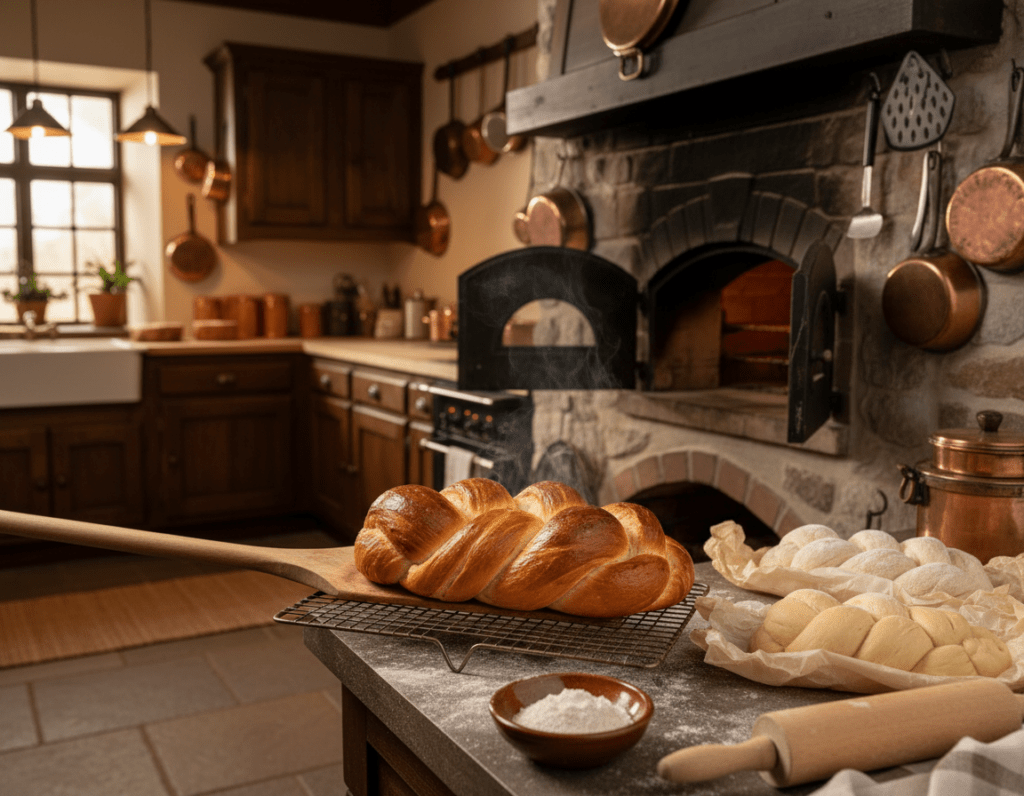 A freshly baked, golden-brown Hefezopf (sweet braided bread) being pulled from a rustic wooden oven. In the foreground, the bread is placed on a cooling rack, steam rising gently from its surface, showcasing its fluffy texture. In the middle, a small bowl filled with flour and a rolling pin hint at the baking process, while a couple of frozen Hefezopf loaves are neatly wrapped in parchment paper, resting beside the oven. The background features a cozy kitchen with warm lighting, wooden cabinets, and kitchen utensils hanging on the wall, creating an inviting atmosphere. The scene conveys a sense of warmth and comfort, emphasizing the joy of baking and enjoying sweet treats.