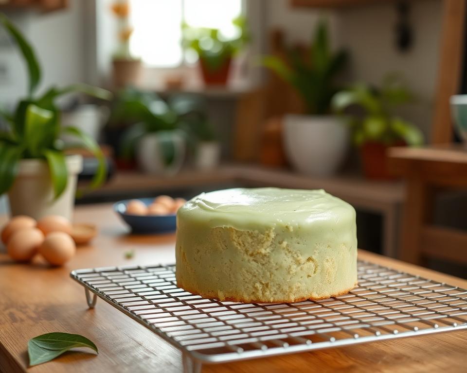 A freshly baked pandan cake cooling on a wire rack in a cozy kitchen setting. In the foreground, showcase the light green cake with a soft, fluffy texture and a subtle sheen from glazing. The middle ground features a wooden table with a few ingredients scattered, such as pandan leaves and eggs, to hint at the baking process. In the background, soft natural light filters through a window, illuminating the earthy tones of the kitchen, with potted plants adding freshness. The atmosphere conveys a warm, inviting mood, perfect for a home baking experience. The focus is on the cake, capturing a moment of anticipation and artistry in baking. A freshly baked pandan cake cooling on a wire rack in a cozy kitchen setting. In the foreground, showcase the light green cake with a soft, fluffy texture and a subtle sheen from glazing. The middle ground features a wooden table with a few ingredients scattered, such as pandan leaves and eggs, to hint at the baking process. In the background, soft natural light filters through a window, illuminating the earthy tones of the kitchen, with potted plants adding freshness. The atmosphere conveys a warm, inviting mood, perfect for a home baking experience. The focus is on the cake, capturing a moment of anticipation and artistry in baking.