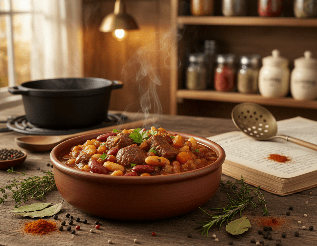 A hearty traditional bean stew featuring tender pieces of beef, simmered to perfection. The dish should be presented in a rustic ceramic bowl, surrounded by a weathered wooden table adorned with fresh herbs and spices. In the foreground, showcase a steaming bowl of the stew, highlighting the glistening beans, chunks of beef, and vibrant vegetables. The middle ground includes a cozy kitchen setting with warm, ambient lighting casting a golden hue, emphasizing a homey atmosphere. Include some cooking utensils and an open recipe book placed nearby, reflecting a sense of culinary tradition. The background features a soft focus of kitchen shelves adorned with jars of spices, suggesting an inviting and comforting home-cooked meal environment. Aim for a warm, nostalgic mood that embodies the essence of classic home cooking. A hearty traditional bean stew featuring tender pieces of beef, simmered to perfection. The dish should be presented in a rustic ceramic bowl, surrounded by a weathered wooden table adorned with fresh herbs and spices. In the foreground, showcase a steaming bowl of the stew, highlighting the glistening beans, chunks of beef, and vibrant vegetables. The middle ground includes a cozy kitchen setting with warm, ambient lighting casting a golden hue, emphasizing a homey atmosphere. Include some cooking utensils and an open recipe book placed nearby, reflecting a sense of culinary tradition. The background features a soft focus of kitchen shelves adorned with jars of spices, suggesting an inviting and comforting home-cooked meal environment. Aim for a warm, nostalgic mood that embodies the essence of classic home cooking.