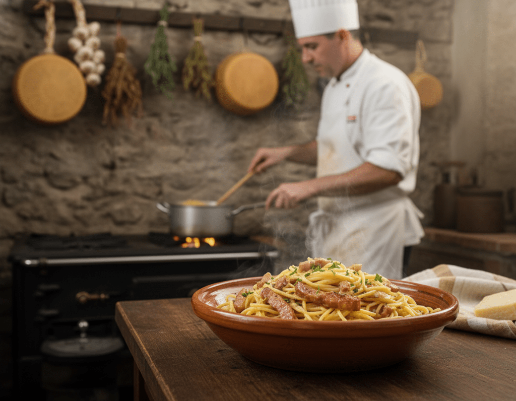 A historic Italian kitchen scene showcasing the authentic origins of Spaghetti Carbonara. In the foreground, a wooden table is adorned with a traditional ceramic bowl filled with steaming, creamy carbonara, flecked with crispy guanciale and garnished with fresh parsley. The middle ground features a vintage stove where a chef, wearing a classic white apron and chef's hat, stirs a pot of pasta. In the background, a rustic stone wall is lined with hanging garlic, herbs, and aged cheese wheels, imparting an old-world charm. Soft, warm lighting creates a cozy atmosphere, while a slight depth of field focuses on the delicious dish, evoking nostalgia and culinary tradition.