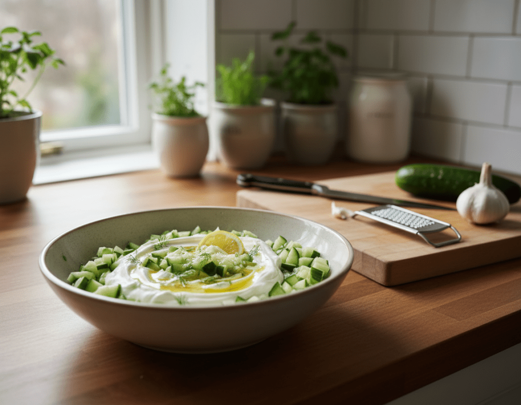 A kitchen countertop displaying the process of making tzatziki, with fresh ingredients artfully arranged. In the foreground, a bowl of creamy yogurt mixed with finely chopped cucumbers, garlic, and a drizzle of olive oil, garnished with fresh dill and lemon slices. In the middle, a wooden cutting board holds a bright green cucumber and a garlic clove, with a zesting tool and a knife nearby. The background features a softly blurred kitchen setting with sunlight streaming through a window, creating a warm and inviting atmosphere. The mood is relaxed and educational, emphasizing the importance of precision and technique in avoiding common mistakes. Use a soft focus lens and natural lighting to enhance the freshness of the ingredients. A kitchen countertop displaying the process of making tzatziki, with fresh ingredients artfully arranged. In the foreground, a bowl of creamy yogurt mixed with finely chopped cucumbers, garlic, and a drizzle of olive oil, garnished with fresh dill and lemon slices. In the middle, a wooden cutting board holds a bright green cucumber and a garlic clove, with a zesting tool and a knife nearby. The background features a softly blurred kitchen setting with sunlight streaming through a window, creating a warm and inviting atmosphere. The mood is relaxed and educational, emphasizing the importance of precision and technique in avoiding common mistakes. Use a soft focus lens and natural lighting to enhance the freshness of the ingredients.