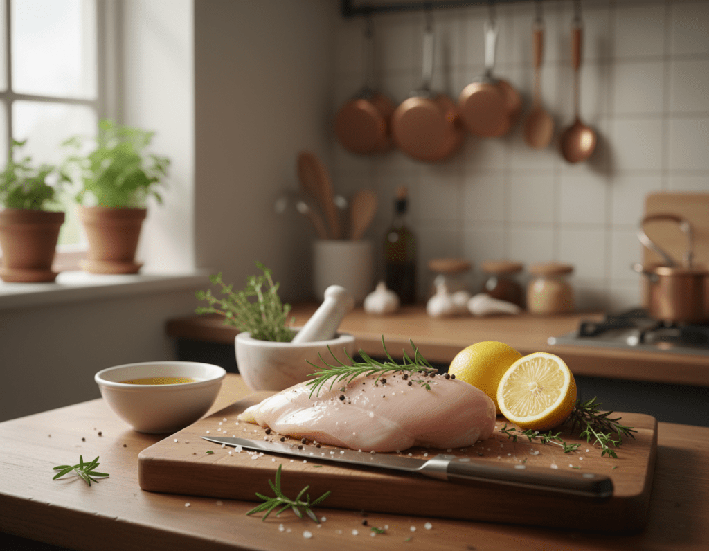 A kitchen countertop scene featuring a raw chicken breast being prepared for baking. In the foreground, focus on the chicken breast placed on a wooden cutting board, garnished with fresh herbs like rosemary and thyme, and sprinkled with salt and pepper. A sharp kitchen knife lies nearby, reflecting soft, natural lighting from a window. In the middle, include a bowl of olive oil and a lemon, cut in half, ready for marinating. The background shows a tidy kitchen with subtle hints of culinary utensils hanging, creating a cozy cooking atmosphere. The overall mood is inviting and fresh, capturing the essence of meal preparation. The image is taken from a slightly elevated angle, providing a clear view of the preparation process.