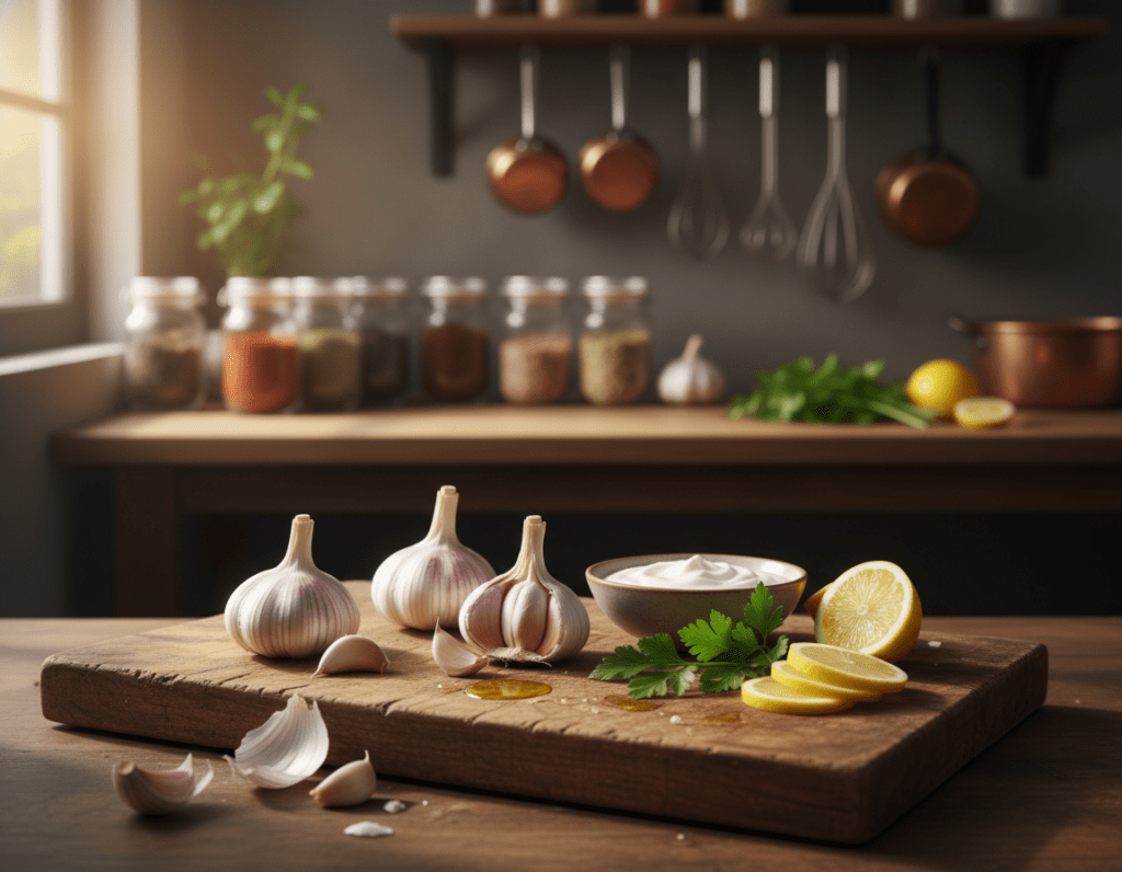 A kitchen countertop scene featuring a rustic wooden cutting board with fresh garlic bulbs in varying sizes, some with their skins partially peeled to reveal the cloves. Surrounding the garlic, an elegant array of ingredients such as fresh parsley, lemon slices, and a small bowl of yogurt, emphasizing the concept of reducing garlic's sharp flavor. Soft, warm lighting illuminates the scene, creating a cozy and inviting atmosphere. In the background, blurred shelves filled with spices and cooking utensils suggest a homey cooking environment. The camera angle is slightly overhead, focusing on the garlic and ingredients while giving a glimpse of the kitchen ambiance. The overall mood is vibrant and fresh, reflecting the essence of homemade garlic sauce preparation.