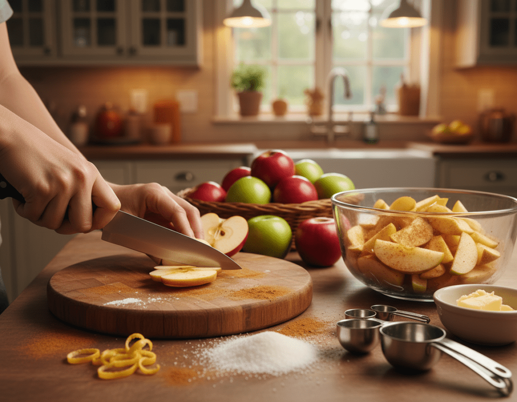 A kitchen countertop scene filled with fresh, vibrant red and green apples ready for preparation for a delicious apple pie. In the foreground, several apples are being sliced with a sharp knife on a wooden cutting board, surrounded by sprinkled cinnamon, sugar, and lemon zest. The middle layer features a mixing bowl with prepared apple slices mixed with spices, alongside measuring cups and a small dish of butter, creating a warm and inviting cooking atmosphere. The background shows a softly blurred kitchen with warm lighting illuminating the space, enhancing the cozy vibe of home baking. The overall mood is cheerful and engaging, inviting viewers to feel the joy of preparing this classic dessert. A kitchen countertop scene filled with fresh, vibrant red and green apples ready for preparation for a delicious apple pie. In the foreground, several apples are being sliced with a sharp knife on a wooden cutting board, surrounded by sprinkled cinnamon, sugar, and lemon zest. The middle layer features a mixing bowl with prepared apple slices mixed with spices, alongside measuring cups and a small dish of butter, creating a warm and inviting cooking atmosphere. The background shows a softly blurred kitchen with warm lighting illuminating the space, enhancing the cozy vibe of home baking. The overall mood is cheerful and engaging, inviting viewers to feel the joy of preparing this classic dessert.