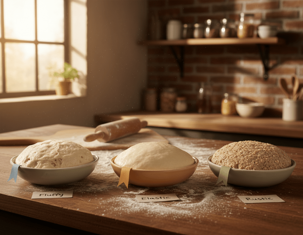A kitchen countertop scene showcasing a comparison of different pizza stick dough types. In the foreground, there are three distinct bowls of raw dough: one fluffy and airy, another smooth and elastic, and the third simple and rustic. Each bowl is labeled with subtle color-coded indicators to differentiate them. In the middle ground, a wooden pizza peel rests next to a rolling pin and scattered flour, emphasizing preparation. The background features a warm, rustic kitchen setting with a soft, golden light streaming in from a nearby window, casting gentle shadows. The mood is inviting and cozy, encouraging home cooking. The image should be captured with a shallow depth of field, focusing on the dough bowls while softly blurring the kitchen details behind.
