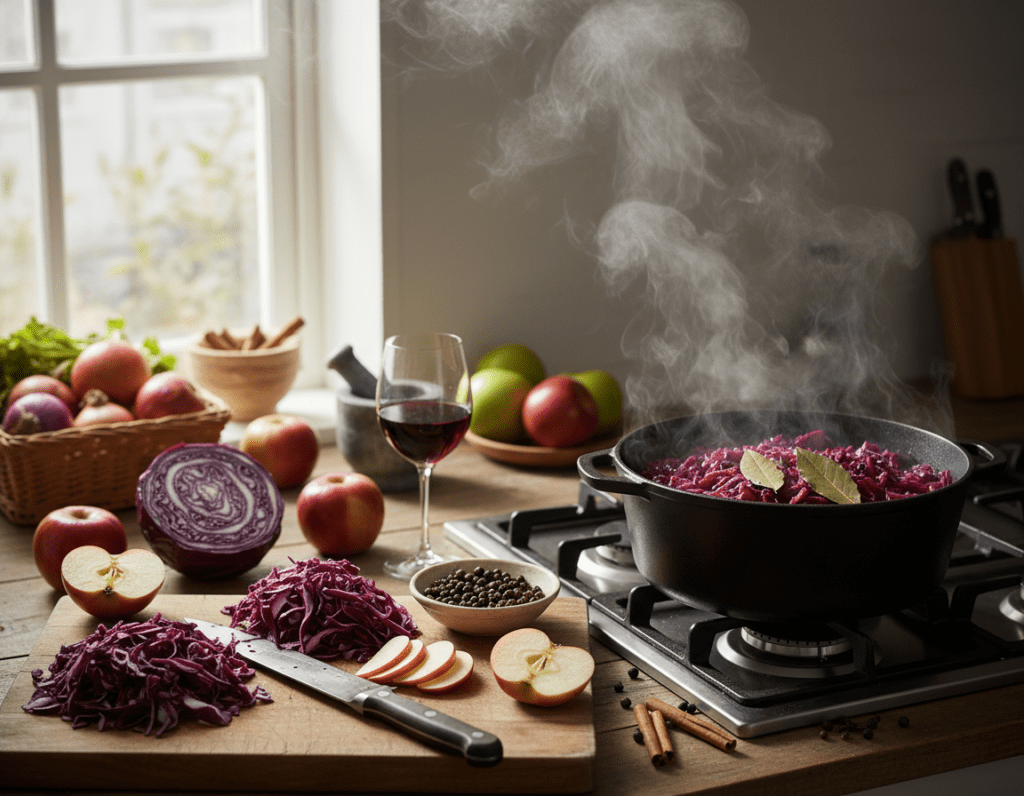 A kitchen countertop showcasing the preparation of red cabbage (Rotkohl) in an artistic and instructional manner. In the foreground, a wooden cutting board has finely chopped red cabbage and slices of apple, with a sharp chef's knife beside it. The middle ground features a pot simmering with the cabbage, displaying steam rising to enhance the cooking atmosphere. In the background, a rustic kitchen setting with fruits and vegetables strewn casually, hinting at a cozy and inviting environment. Soft, natural daylight filters through a nearby window, casting gentle shadows that create a warm, homey feel. The overall mood should convey a sense of careful preparation, highlighting common mistakes in the process. A kitchen countertop showcasing the preparation of red cabbage (Rotkohl) in an artistic and instructional manner. In the foreground, a wooden cutting board has finely chopped red cabbage and slices of apple, with a sharp chef's knife beside it. The middle ground features a pot simmering with the cabbage, displaying steam rising to enhance the cooking atmosphere. In the background, a rustic kitchen setting with fruits and vegetables strewn casually, hinting at a cozy and inviting environment. Soft, natural daylight filters through a nearby window, casting gentle shadows that create a warm, homey feel. The overall mood should convey a sense of careful preparation, highlighting common mistakes in the process.