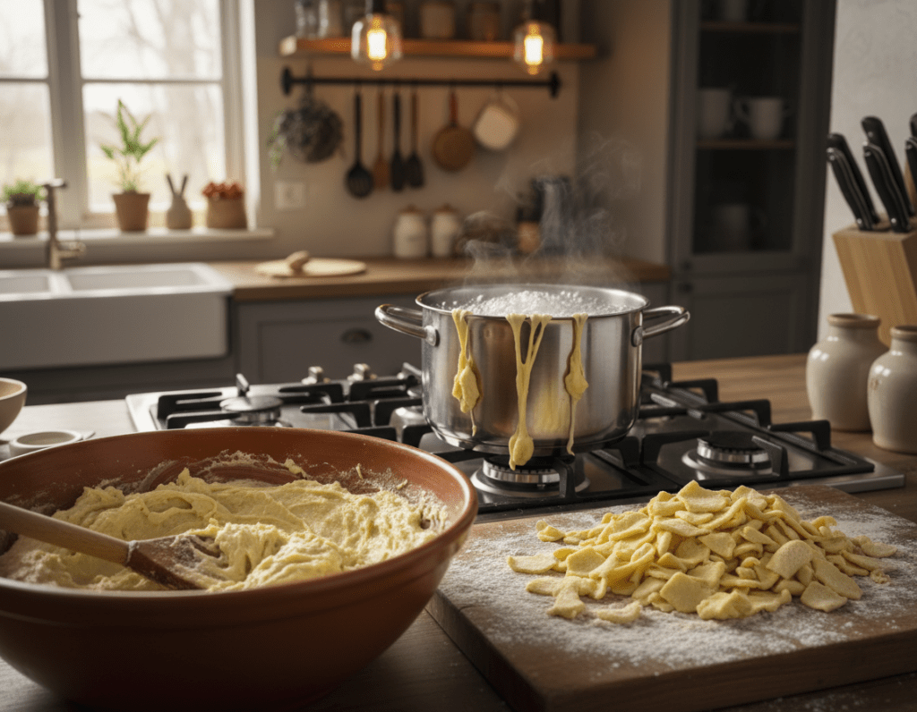A kitchen scene showcasing the common mistakes in Spätzle preparation. In the foreground, a large bowl filled with a lumpy, overmixed batter and a wooden spoon resting inside, symbolizing the error of incorrect mixing techniques. Nearby, a clump of improperly shaped Spätzle sits on a floured wooden surface. In the middle ground, a stovetop with a bubbling pot of water where the Spätzle are sticking together, highlighting boiling errors. The background features a cozy kitchen with warm lighting, emphasizing a friendly, homey atmosphere. Soft shadows cast from overhead lights add warmth. The angle captures the scene from a slightly elevated perspective, inviting the viewer into this culinary journey.