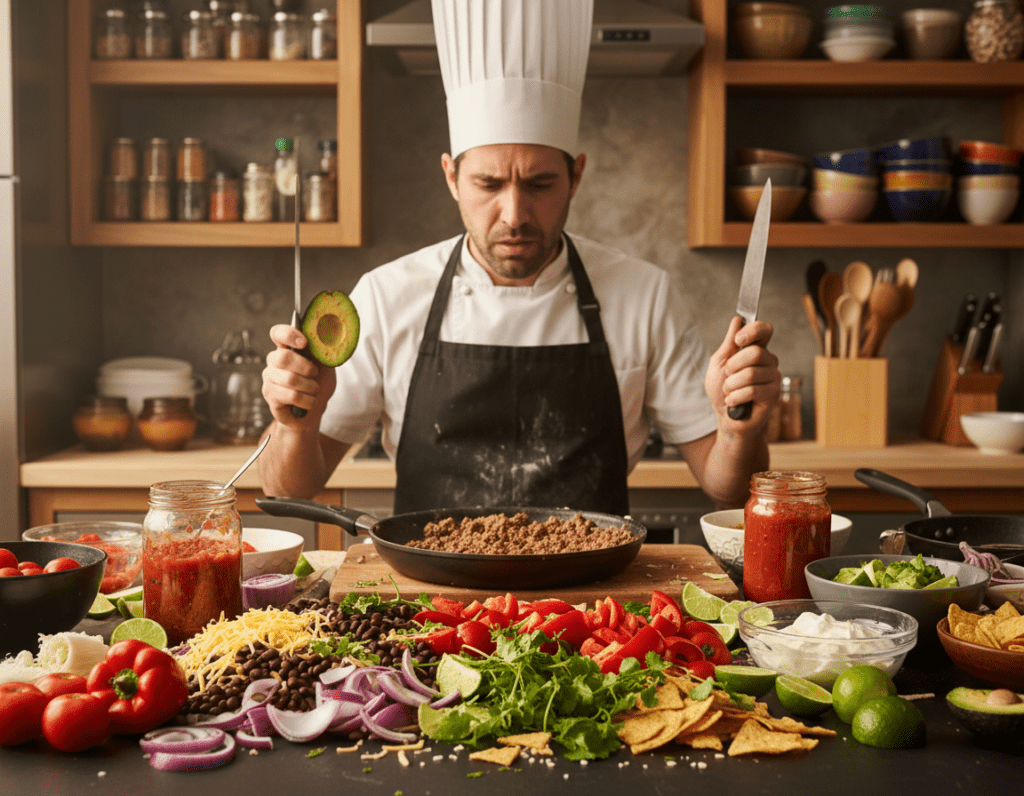 A kitchen scene showcasing the process of making tacos, focusing on common preparation mistakes. In the foreground, a frustrated chef in a professional apron looks at a pile of incorrectly cut vegetables and spilled ingredients on the counter. In the middle, a colorful array of taco fillings, such as sautéed meats, fresh salsa, and diced avocados, are displayed chaotically. The background features kitchen shelves filled with spices and cooking tools. The lighting is warm, with soft shadows highlighting the tomatoes and cilantro, creating an inviting yet slightly chaotic atmosphere. Capture this from a slightly elevated angle to emphasize the mess and complexity of taco preparation, conveying a sense of learning and improvement.