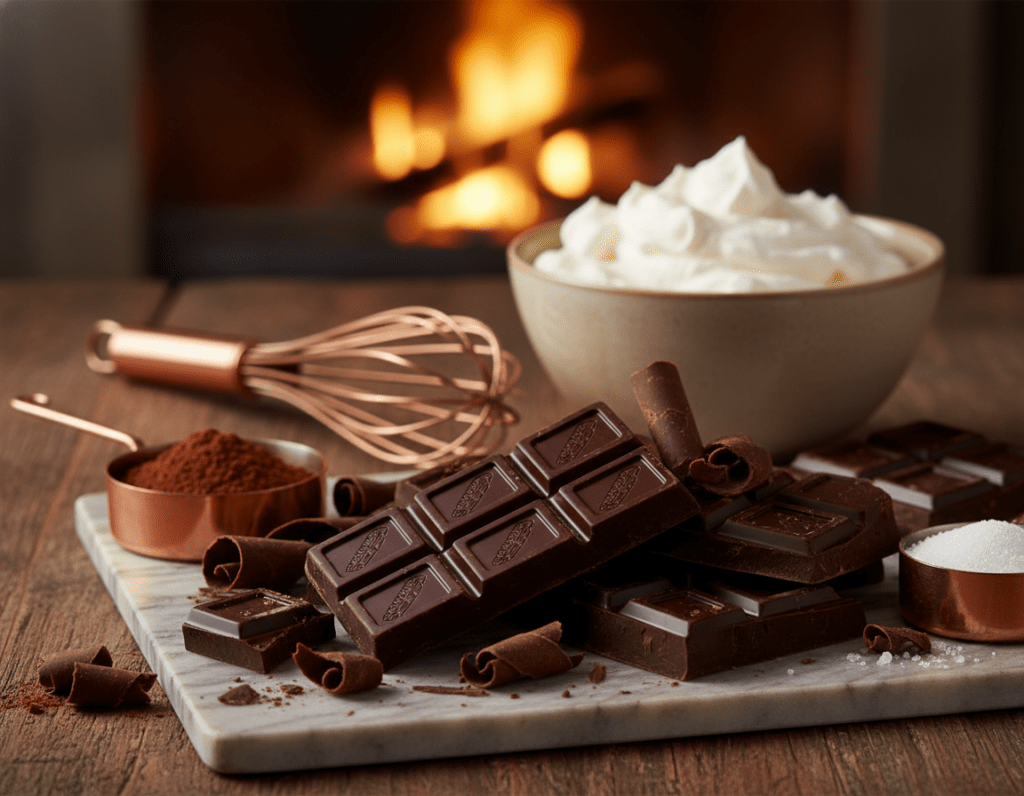 A luxurious arrangement of high-quality dark chocolate ideal for Mousse au Chocolat, displayed prominently in the foreground. The chocolate is in elegant blocks and shavings, with a rich, glossy sheen, showcasing its premium quality. Surrounding the chocolate are small measuring cups filled with cocoa powder, sugar, and a pinch of sea salt, suggesting preparation for a recipe. In the middle ground, a rustic wooden table provides warmth, with a soft-focus vintage whisk and a bowl of whipped cream hinting at the preparation of the dessert. The background should feature soft, warm lighting that enhances the chocolate's rich tones, creating an inviting atmosphere. Capture the scene from a slightly elevated angle, emphasizing texture and detail, creating an overall mood of indulgence and culinary artistry.