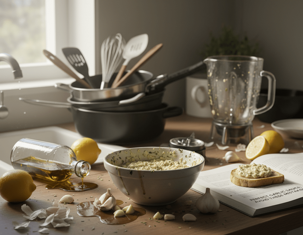 A messy kitchen countertop filled with the ingredients for garlic sauce, showing common preparation mistakes. In the foreground, there's a bowl overflowing with thick, improperly mixed garlic sauce, splattered with bits of garlic and oil. The middle section showcases scattered garlic cloves, a half-broken bottle of olive oil, and an unpeeled lemon, hinting at the chaos of the cooking process. The background features a cluttered kitchen environment, with pots and utensils that suggest haste and confusion. Soft, natural lighting illuminates the scene, casting gentle shadows that enhance the mood of culinary struggle. Capture a sense of frustration yet humor in the image, reflecting the topic of avoiding common mistakes in making garlic sauce.