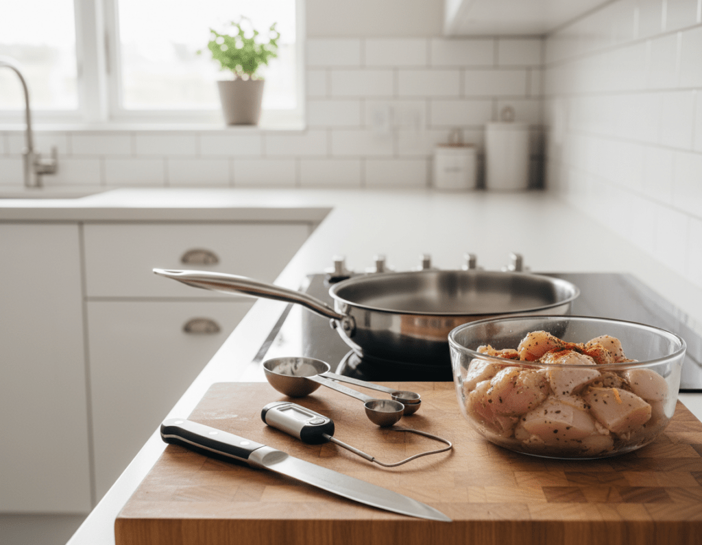A modern kitchen countertop, featuring essential kitchen utensils for preparing chicken breast. In the foreground, a cutting board with neatly arranged items: a sharp chef's knife, a meat thermometer, and a bowl of marinated chicken breast. The middle area showcases a stainless steel frying pan and measuring spoons, adding to the preparation theme. In the background, bright kitchen cabinets and a serene window with soft natural light streaming in create a warm and inviting atmosphere. The scene should convey a sense of organization and readiness for cooking, with a slight focus on the utensils to emphasize their importance in meal preparation. The lighting is soft yet adequate, casting gentle shadows that enhance the textures of the utensils and ingredients. A modern kitchen countertop, featuring essential kitchen utensils for preparing chicken breast. In the foreground, a cutting board with neatly arranged items: a sharp chef's knife, a meat thermometer, and a bowl of marinated chicken breast. The middle area showcases a stainless steel frying pan and measuring spoons, adding to the preparation theme. In the background, bright kitchen cabinets and a serene window with soft natural light streaming in create a warm and inviting atmosphere. The scene should convey a sense of organization and readiness for cooking, with a slight focus on the utensils to emphasize their importance in meal preparation. The lighting is soft yet adequate, casting gentle shadows that enhance the textures of the utensils and ingredients.