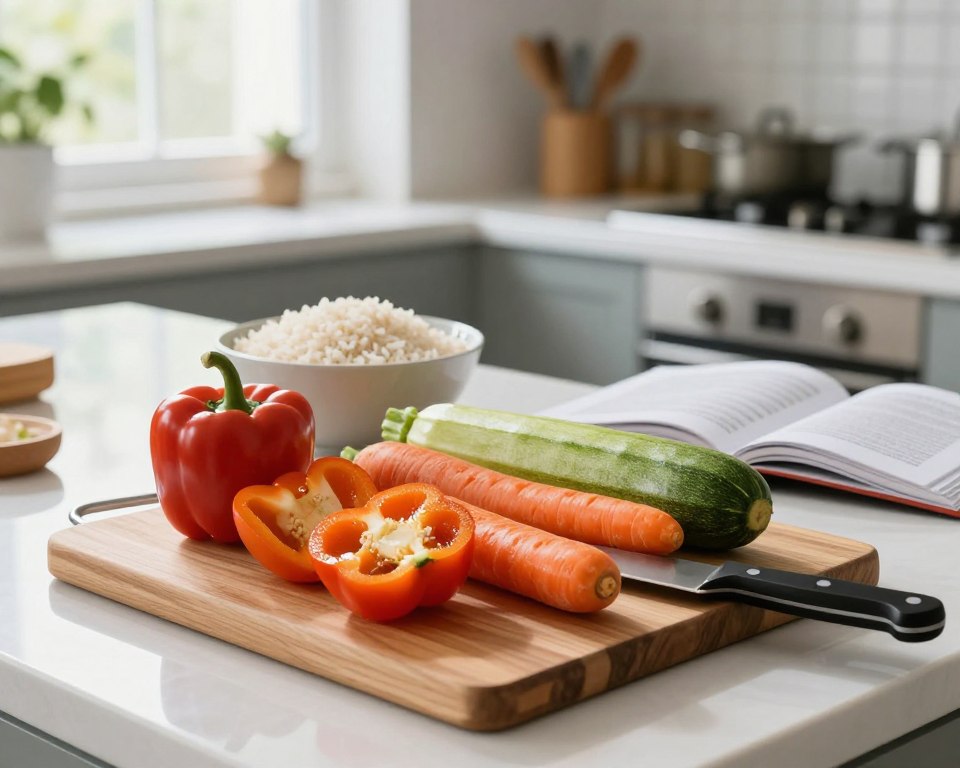 A modern kitchen countertop scene where fresh vegetables are being prepared for a vegetable rice dish. In the foreground, a wooden cutting board holds glistening, freshly washed bell peppers, zucchini, and carrots, with a sharp chef's knife beside them. The middle ground features a bowl of rinsed rice, ready for cooking, alongside an open cookbook displaying a recipe. The background reveals a bright, airy kitchen space, with natural light streaming through a window, illuminating the vibrant colors of the vegetables. The atmosphere is cheerful and inviting, emphasizing freshness and healthy cooking. A subtle depth of field effect pulls focus to the cutting board while keeping the kitchen soft and slightly blurred, enhancing the overall mood of a cooking preparation scene.