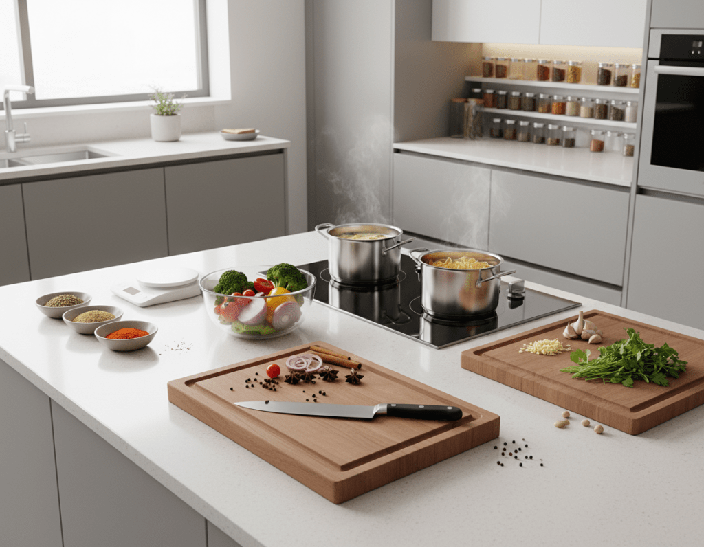 A modern kitchen scene showcasing a time-saving cooking environment. In the foreground, a neatly organized countertop featuring essential cooking tools like a sharp knife, cutting board, and a bowl of fresh, minimal ingredients like vegetables and spices. In the middle ground, a stovetop with simmering pots and a cutting board with chopped veggies, highlighting efficient preparation. The background shows clean, contemporary cabinetry and a well-organized spice rack. Soft, natural lighting pours in from a window, creating a warm, inviting atmosphere that promotes a sense of calm and efficiency. The angle is slightly overhead, capturing the workspace's cleanliness and organization, emphasizing the idea of avoiding common mistakes in quick cooking. No people are present in this scene, focusing solely on the culinary setup.