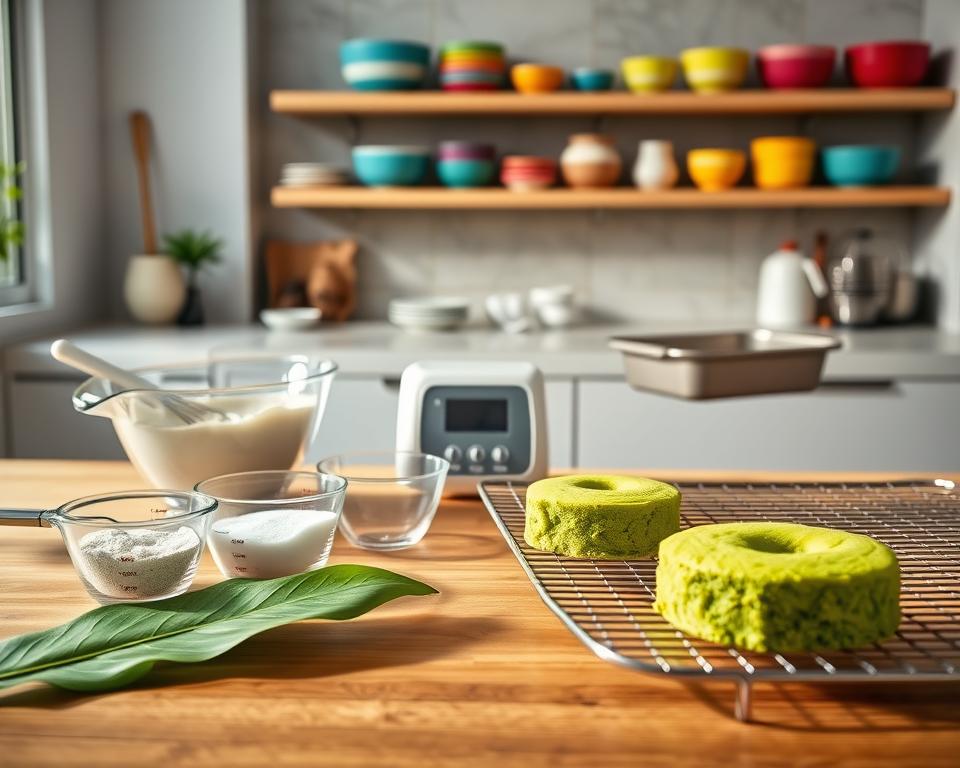 A modern kitchen setting featuring essential kitchen tools for making Pandan cake. In the foreground, a wooden table displays a green pandan leaf and measuring cups filled with flour and sugar, alongside a glass mixing bowl and a whisk. In the middle ground, a baking pan and a digital kitchen scale sit on a clean countertop, while a vibrant green Pandan cake cools on a wire rack, showcasing its fluffy texture. In the background, soft, natural lighting floods the scene from a nearby window, illuminating a shelf lined with baking utensils and colorful bowls. The atmosphere is warm and inviting, emphasizing the joy of baking and the beauty of the ingredients. A modern kitchen setting featuring essential kitchen tools for making Pandan cake. In the foreground, a wooden table displays a green pandan leaf and measuring cups filled with flour and sugar, alongside a glass mixing bowl and a whisk. In the middle ground, a baking pan and a digital kitchen scale sit on a clean countertop, while a vibrant green Pandan cake cools on a wire rack, showcasing its fluffy texture. In the background, soft, natural lighting floods the scene from a nearby window, illuminating a shelf lined with baking utensils and colorful bowls. The atmosphere is warm and inviting, emphasizing the joy of baking and the beauty of the ingredients.