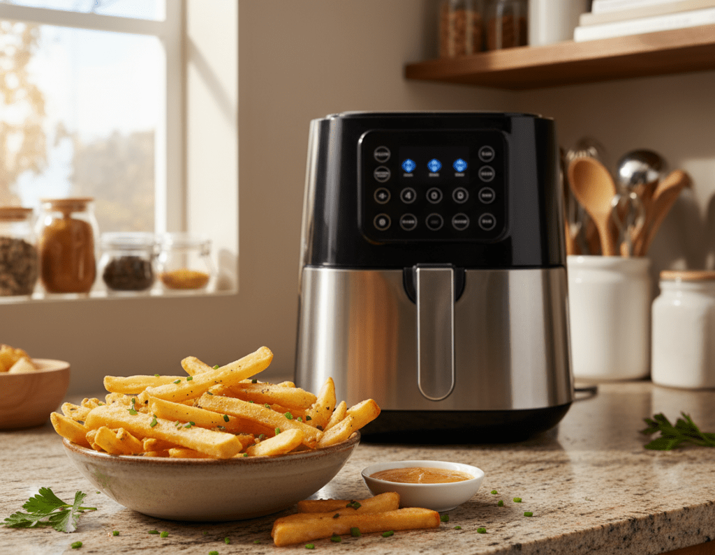 A mouthwatering bowl of golden, crispy French fries, freshly prepared in an air fryer, sits prominently in the foreground. The fries have a light, crunchy texture and are glistening slightly, hinting at their low-fat preparation. Surrounding the bowl, there are subtle garnishes of fresh herbs and a small dish of savory dipping sauce to enhance the appeal. In the middle ground, an air fryer stands elegantly on a kitchen countertop, showcasing its sleek design and digital display. The kitchen is softly lit, with warm ambient light streaming in from a window nearby, creating an inviting atmosphere. In the background, shelves filled with cooking utensils and spices provide a homey touch, emphasizing the theme of homemade comfort food. The overall mood is inviting and appetizing, perfect for a culinary article.