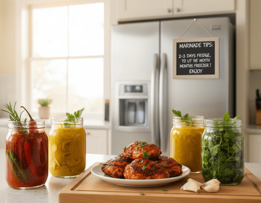 A neatly organized kitchen countertop, featuring glass jars filled with vibrant marinades in various colors—rich red, golden yellow, and deep green—showcasing fresh herbs and spices. In the foreground, a wooden cutting board displays a small plate with grilled chicken thighs, glistening and marinated, ready to serve. The middle ground highlights a stainless steel refrigerator with a small chalkboard, mentioning storage tips for marinades. The background includes soft, warm lighting filtering through a window, illuminating the scene to create an inviting and cozy atmosphere. The camera angle is at eye level, focusing on the jars and the chicken while soft blurring adds depth to the surroundings. The overall mood is homey and encouraging, perfect for a culinary setting dedicated to flavor and creativity.