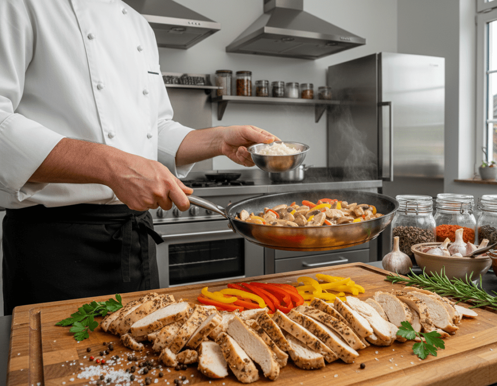 A professional chef expertly preparing Geschnetzeltes in a modern, well-equipped kitchen. In the foreground, a large wooden cutting board filled with finely sliced chicken, glistening with seasoning and fresh herbs. The chef, dressed in a crisp white chef's jacket and black trousers, skillfully sautés the meat in a sizzling pan, showcasing their technique with focused precision. The middle ground features colorful bell peppers and onions being added, releasing a burst of vibrant colors. In the background, gleaming stainless steel appliances and a neat array of spices create an inviting atmosphere. Soft lighting highlights the textures of the food and the chef’s concentration, evoking a sense of culinary expertise and warmth. The overall mood is dynamic, encouraging viewers to appreciate the art of home cooking at a restaurant-quality level.
