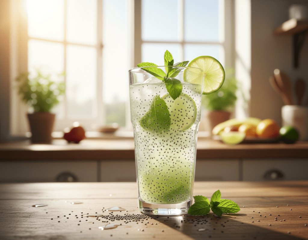 A refreshing "Chia Wasser Erfrischungsgetränk" in a clear glass, placed on a wooden table with a few scattered chia seeds around it. The drink is a vibrant, translucent light green, reflecting the hydration benefits of chia seeds, with small black seeds floating within. Fresh mint leaves garnish the top, adding a pop of color. In the background, a soft-focus view of a sunny kitchen with open windows, letting in warm, natural light that highlights the drink's texture. The atmosphere is bright and inviting, suggesting a healthy lifestyle. The camera angle captures the drink at eye level, emphasizing its refreshing qualities without any text, creating a clean, appealing image.