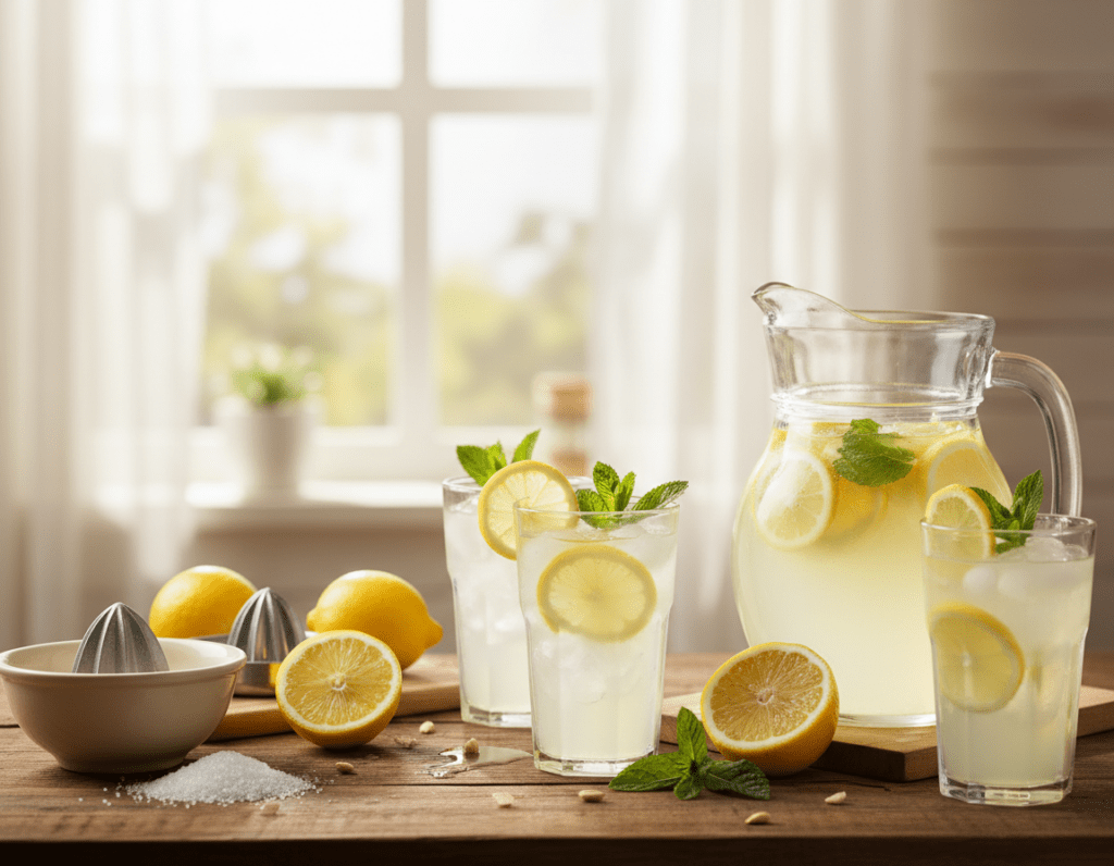 A refreshing homemade lemonade setup in a bright, inviting kitchen. In the foreground, a glass pitcher overflowing with vibrant lemon slices and sprigs of fresh mint, catching sunlight for a warm, cheerful glow. Several filled glasses with ice, garnished with lemon wheels and mint leaves, arranged neatly around the pitcher. In the middle, a rustic wooden table well-organized with lemon halves, a juicer, and a bowl of sugar, showcasing the ingredients used in the preparation. In the background, a softly lit window with sheer curtains lets in natural light, enhancing the lively atmosphere. Overall, the mood is joyful and wholesome, emphasizing the freshness and simplicity of making lemonade at home, captured with soft focus and warm tones for an inviting feel.