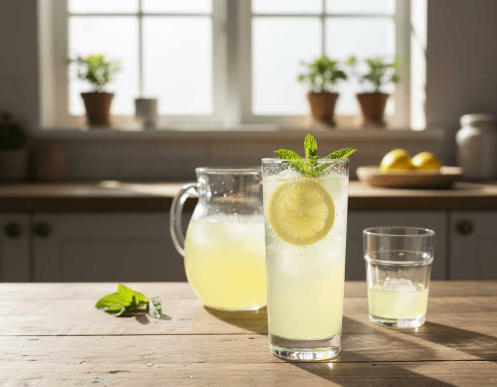 A refreshing scene featuring a tall glass of sparkling lemonade filled to the brim with fizzing bubbles. In the foreground, droplets of condensation glisten on the glass, reflecting soft, natural light. The lemonade appears bright and inviting, with slices of fresh lemon and sprigs of mint floating on top. In the middle ground, a rustic wooden table holds a small pitcher filled with a vibrant yellow liquid, alongside another glass filled with ice cubes and more fizzy bubbles. The background showcases a sunny kitchen setting, with soft, diffused sunlight pouring in through a window, casting gentle shadows. The overall mood is cheerful and uplifting, perfect for a summer day, inviting viewers to enjoy a homemade treat.