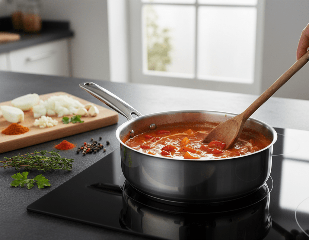 A rich and creamy paprika sauce being prepared in a modern kitchen. In the foreground, a stainless steel saucepan simmering with vibrant red and orange bell peppers and a swirl of creamy sauce. A wooden spoon is mixing the ingredients, and a few fresh herbs are scattered nearby. The middle ground features a cutting board with chopped onions and garlic, along with spices like paprika and pepper arranged artistically. In the background, soft natural light filters through a window, illuminating the vibrant colors of the ingredients and creating a warm, inviting atmosphere. The scene conveys a sense of home cooking, emphasizing the simplicity and delight of preparing a delicious dish.