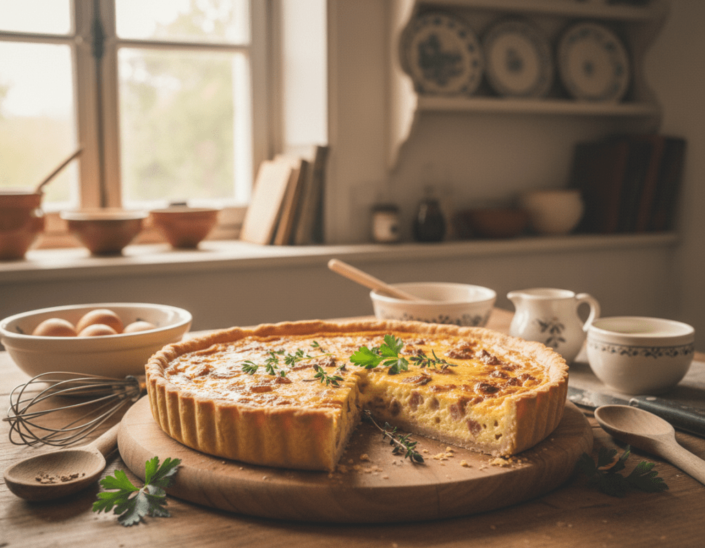 A rustic French kitchen setting, illuminated by warm, natural light streaming through a large window, sets the stage for a beautifully presented Lothringen Quiche. In the foreground, a golden-brown quiche sits elegantly on a wooden cutting board, adorned with fresh herbs like thyme and parsley. A slice has been cut out, showcasing the creamy filling filled with cheese, lardons, and a delicate pastry crust. In the middle, a wooden table is adding texture, surrounded by vintage kitchen utensils and a small bowl of fresh ingredients like eggs and cream. The background features shelves filled with quaint ceramic dishes and cookbooks, creating a welcoming and homey atmosphere. The focus is on the quiche, evoking a sense of culinary tradition and comfort, with a hint of nostalgia for classic French cuisine.