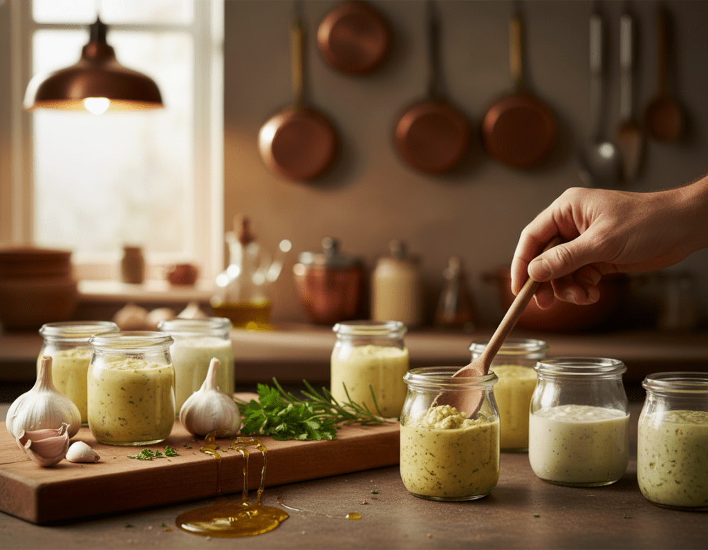 A rustic kitchen countertop sets the scene, showcasing a variety of small glass jars filled with vibrant homemade garlic sauce in varying textures. In the foreground, a hand reaches for a jar, emphasizing practicality and care in storage. The middle layer features a wooden cutting board adorned with fresh garlic cloves, herbs like parsley, and a drizzle of olive oil, hinting at key ingredients. In the background, warm ambient lighting creates a cozy atmosphere, with soft focus on kitchen utensils hanging on a wall. The image captures the essence of home cooking and the importance of proper storage for preserving freshness. Use a shallow depth of field to draw attention to the jars, creating an inviting and artisanal feel.