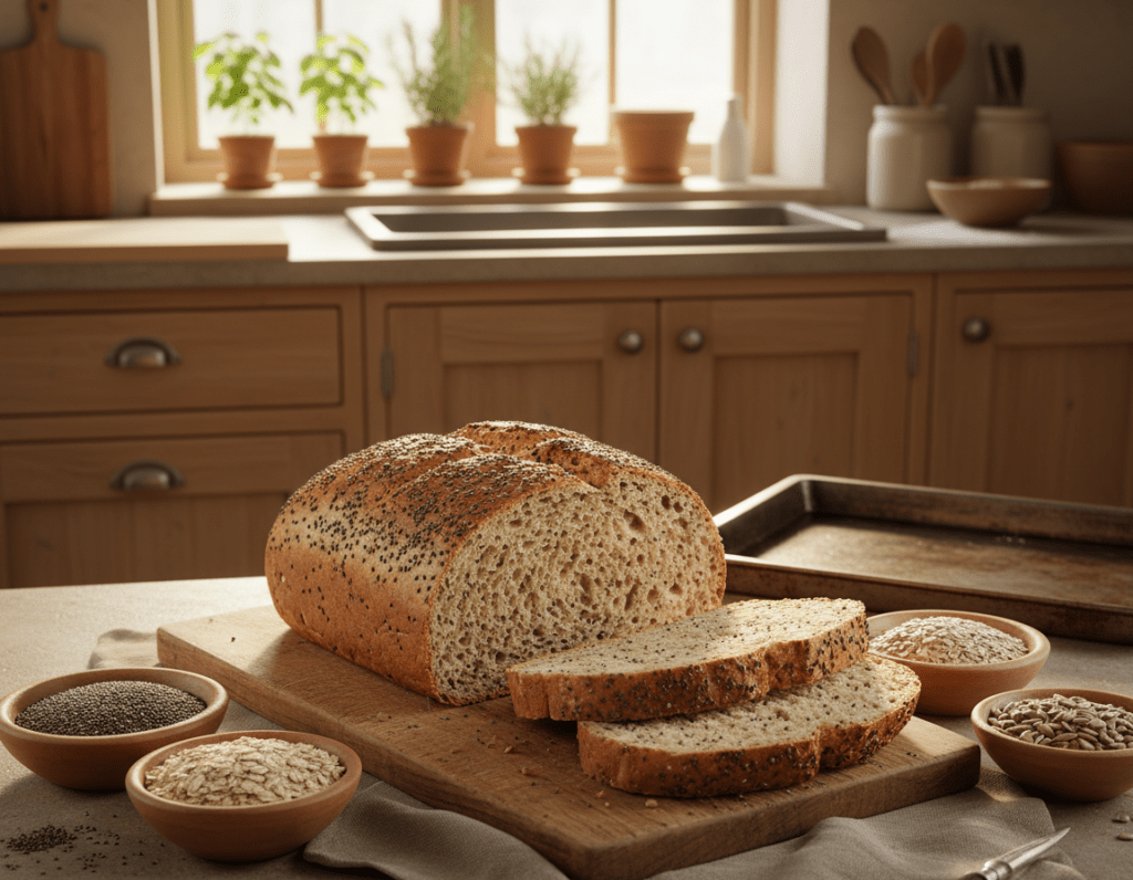 A rustic kitchen scene featuring freshly baked chia seed bread, prominently placed in the foreground on a wooden chopping board. The bread has a golden-brown crust, with visible chia seeds scattered on top and sliced to showcase its texture. Surrounding the bread are small bowls filled with assorted seeds and grains, contributing to a wholesome atmosphere. In the middle ground, an inviting kitchen setting includes natural wood cabinets, potted herbs, and a baking tray. The background features a softly blurred window with warm, natural light spilling into the room, enhancing the cozy ambiance. The overall mood is warm and inviting, perfect for a baking environment, captured with a warm tone and a shallow depth of field to draw focus to the bread.