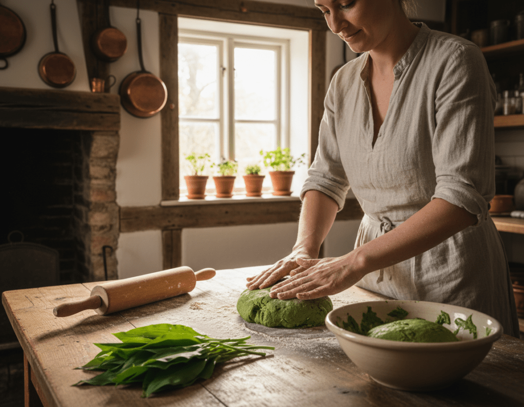 A rustic kitchen scene focused on the process of making wild garlic (Bärlauch) pasta dough. In the foreground, a wooden table is adorned with fresh wild garlic leaves, a rolling pin, and a bowl of vibrant green pasta dough, highlighting its earthy tones. In the middle, a person in modest casual clothing is kneading the dough, their hands dusted with flour, exuding a sense of warmth and home-cooking. The background features a softly lit window, allowing natural light to spill in, illuminating the ingredients and creating a cozy, inviting atmosphere. The overall mood is one of comfort and creativity, perfect for a step-by-step guide illustrating the art of handmade pasta.