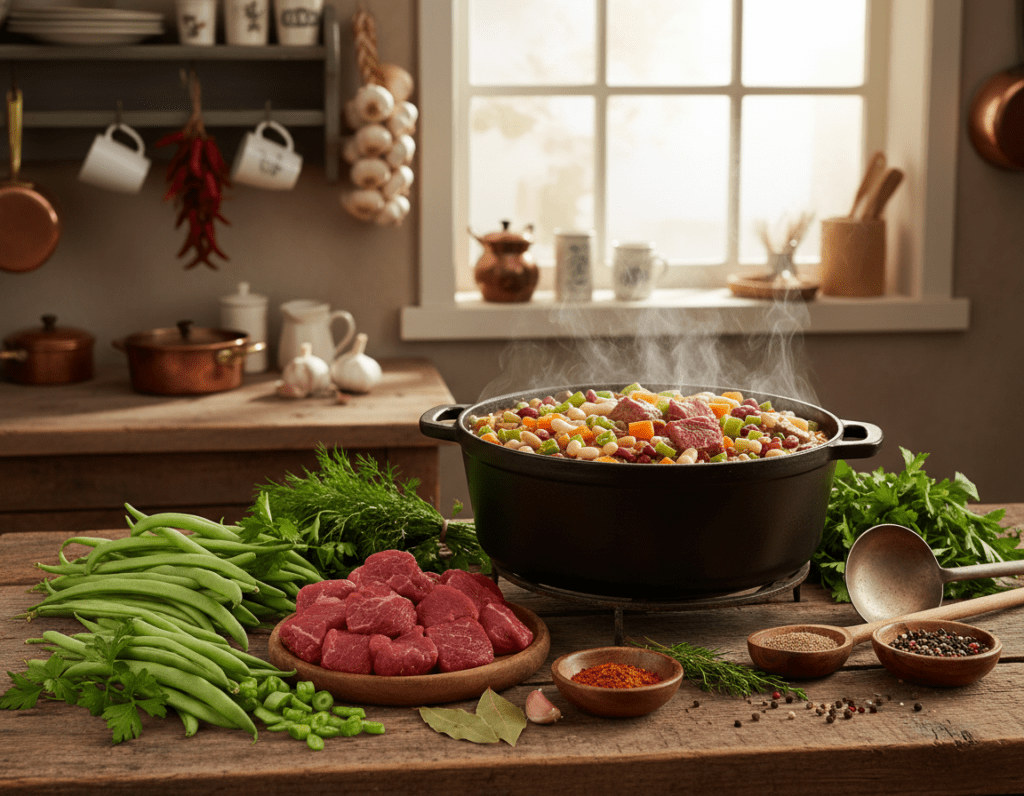 A rustic kitchen setting featuring a vibrant, steaming pot of Bohneneintopf, showcasing various tasteful variations. In the foreground, a beautifully textured wooden table holds a colorful array of ingredients, including bright green runner beans, rich, diced beef, fresh herbs, and speckled spices scattered around. The middle ground displays the pot, filled with a hearty mix of legumes, beef, and vegetables, gently bubbling with steam rising, inviting warmth. In the background, soft natural light streams through a window, casting gentle highlights and shadows that enhance the cozy atmosphere. A few farmhouse decorations, like an antique wooden shelf and hanging garlic bulbs, add charm to the scene. The overall mood conveys a sense of home-cooked comfort and creativity in experimenting with traditional recipes. A rustic kitchen setting featuring a vibrant, steaming pot of Bohneneintopf, showcasing various tasteful variations. In the foreground, a beautifully textured wooden table holds a colorful array of ingredients, including bright green runner beans, rich, diced beef, fresh herbs, and speckled spices scattered around. The middle ground displays the pot, filled with a hearty mix of legumes, beef, and vegetables, gently bubbling with steam rising, inviting warmth. In the background, soft natural light streams through a window, casting gentle highlights and shadows that enhance the cozy atmosphere. A few farmhouse decorations, like an antique wooden shelf and hanging garlic bulbs, add charm to the scene. The overall mood conveys a sense of home-cooked comfort and creativity in experimenting with traditional recipes.
