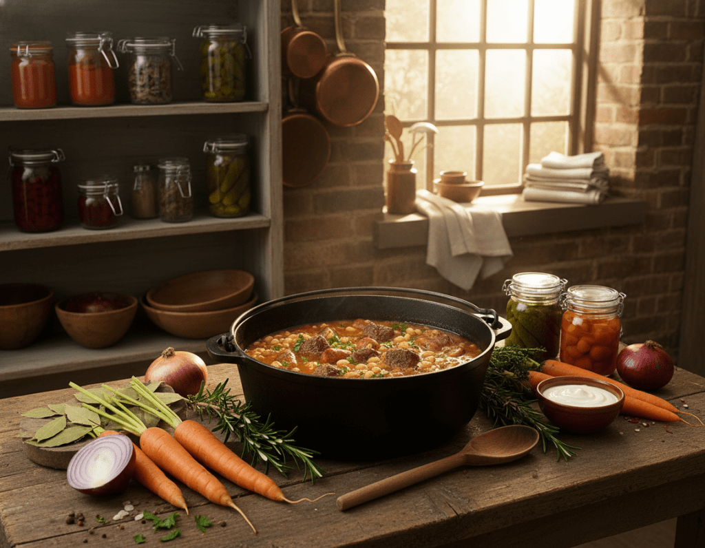 A rustic kitchen setting showcasing a large pot of Bohneneintopf, a hearty bean stew with chunks of tender beef. In the foreground, focus on a beautifully arranged wooden table with the steaming pot at the center, surrounded by colorful fresh ingredients like carrots, onions, and herbs. The middle ground captures shelves filled with jars of spices and preserved vegetables, adding a homely ambience. In the background, a soft, warm light filters through the window, casting gentle shadows and emphasizing the inviting atmosphere. The mood is cozy and welcoming, evoking the comfort of home-cooked meals. The angle is slightly overhead to capture all elements, creating a sense of abundance and warmth while ensuring the viewer feels drawn into the scene, as though they are right there ready to enjoy a delicious meal. A rustic kitchen setting showcasing a large pot of Bohneneintopf, a hearty bean stew with chunks of tender beef. In the foreground, focus on a beautifully arranged wooden table with the steaming pot at the center, surrounded by colorful fresh ingredients like carrots, onions, and herbs. The middle ground captures shelves filled with jars of spices and preserved vegetables, adding a homely ambience. In the background, a soft, warm light filters through the window, casting gentle shadows and emphasizing the inviting atmosphere. The mood is cozy and welcoming, evoking the comfort of home-cooked meals. The angle is slightly overhead to capture all elements, creating a sense of abundance and warmth while ensuring the viewer feels drawn into the scene, as though they are right there ready to enjoy a delicious meal.