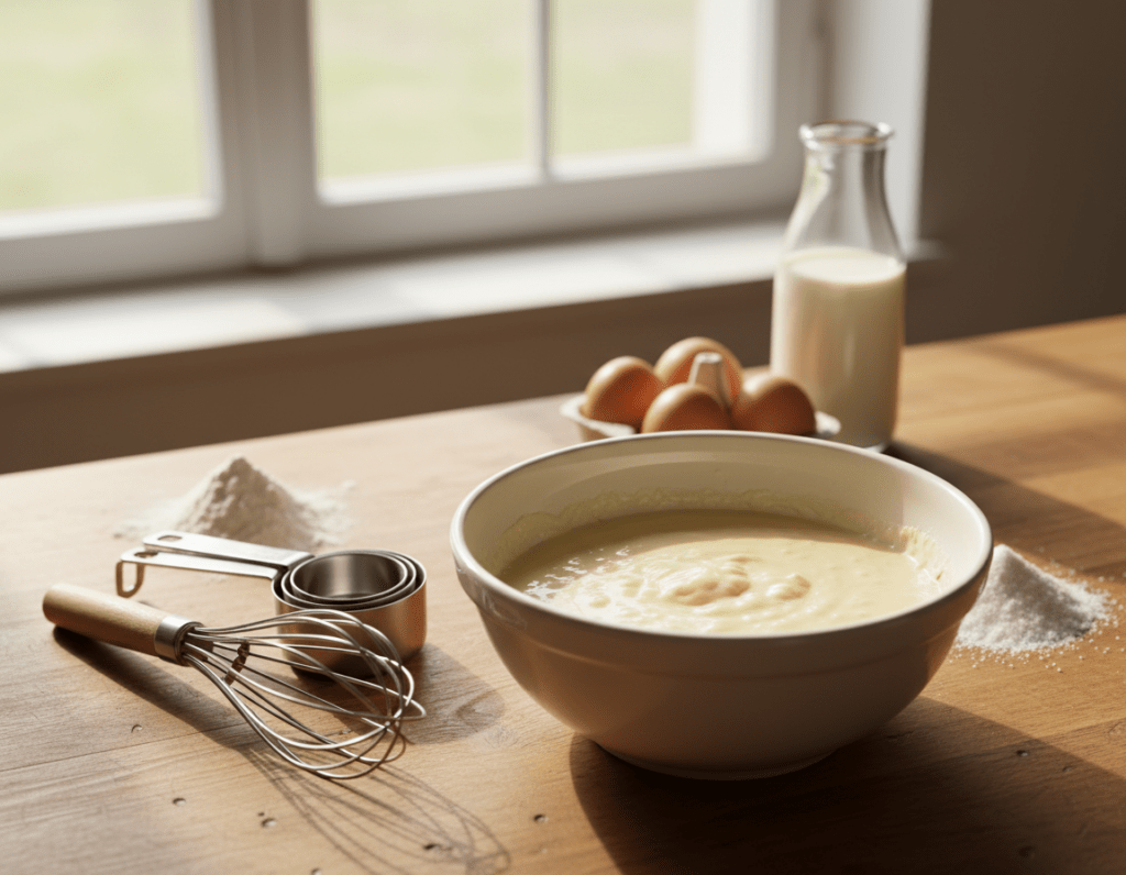 A rustic wooden kitchen countertop is the central focus, topped with a bowl of creamy Kaiserschmarrn batter, showcasing the perfect consistency, thick yet pourable. Surrounding the bowl, there are a whisk and measuring cups, reflecting the tools of an amateur chef. In the background, soft natural light filters through a window, casting gentle shadows, highlighting the ingredients like flour, eggs, and milk artfully arranged. The image is captured from a slightly elevated angle to emphasize the texture of the batter while maintaining a warm, inviting atmosphere. The cozy kitchen setting should evoke a sense of homey cooking, emphasizing the skill and attention required for the perfect dough preparation without distractions or clutter. A rustic wooden kitchen countertop is the central focus, topped with a bowl of creamy Kaiserschmarrn batter, showcasing the perfect consistency, thick yet pourable. Surrounding the bowl, there are a whisk and measuring cups, reflecting the tools of an amateur chef. In the background, soft natural light filters through a window, casting gentle shadows, highlighting the ingredients like flour, eggs, and milk artfully arranged. The image is captured from a slightly elevated angle to emphasize the texture of the batter while maintaining a warm, inviting atmosphere. The cozy kitchen setting should evoke a sense of homey cooking, emphasizing the skill and attention required for the perfect dough preparation without distractions or clutter.