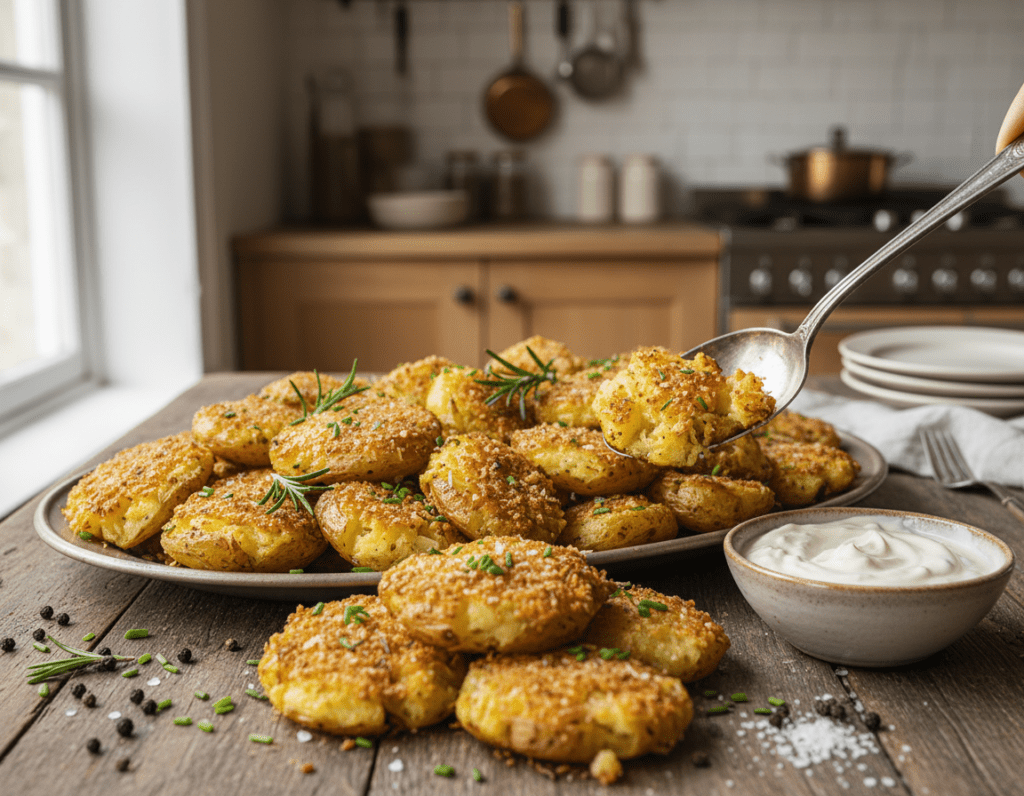 A rustic wooden table filled with a delicious platter of smashed potatoes, beautifully golden and crispy, garnished with fresh herbs such as rosemary and chives. In the foreground, a spoon is poised above the smashed potatoes, as if ready to serve. In the middle, a small bowl of creamy garlic sauce sits beside the platter, surrounded by scattered sea salt and peppercorns. Soft natural lighting illuminates the scene, creating a warm and inviting atmosphere. In the background, a blurred kitchen setting with warm wooden tones and subtle kitchen tools can be seen, enhancing the homely vibe. The image conveys a sense of comfort and culinary joy, inviting viewers to explore the delightful world of smashed potatoes.