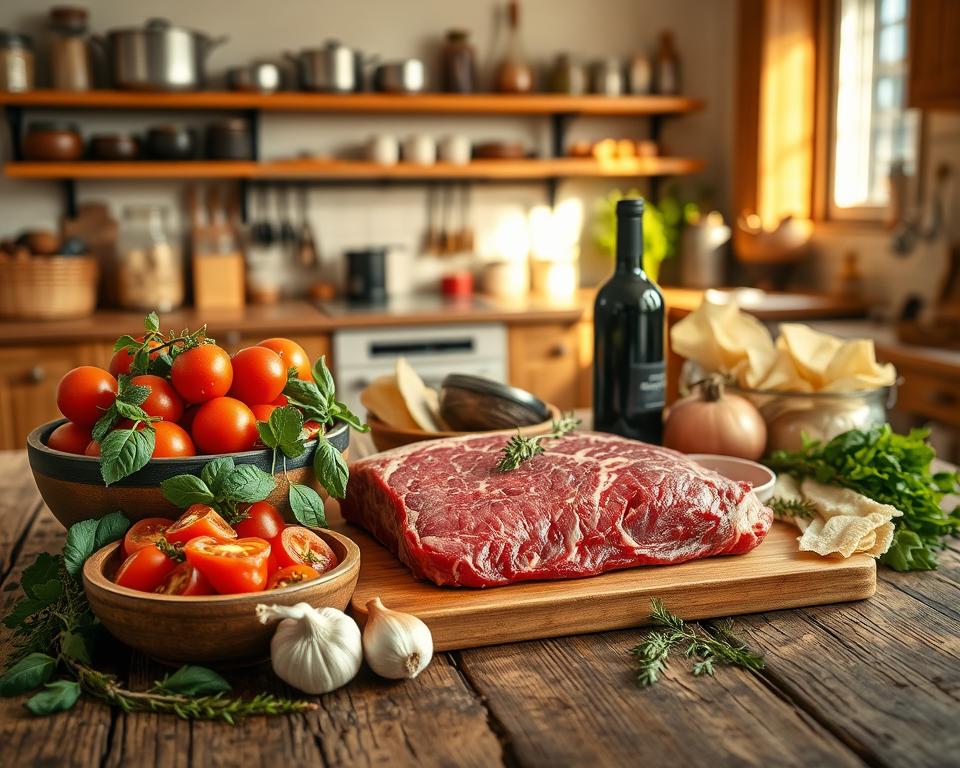A rustic wooden table in a cozy Italian kitchen setting, featuring a vibrant display of ingredients for traditional Italian ragù. In the foreground, a bowl of freshly chopped tomatoes, a variety of aromatic herbs like basil and oregano, a head of garlic, and onions sit artfully arranged. In the middle, a beautifully marbled piece of beef alongside pancetta and a splash of red wine create a rich and inviting scene. In the background, softly glowing kitchen shelves with pots and spices evoke warmth, while gentle, golden light filters through a nearby window, casting soft shadows. The atmosphere is warm and inviting, reminiscent of a traditional Italian cooking experience, inviting viewers into the culinary process.
