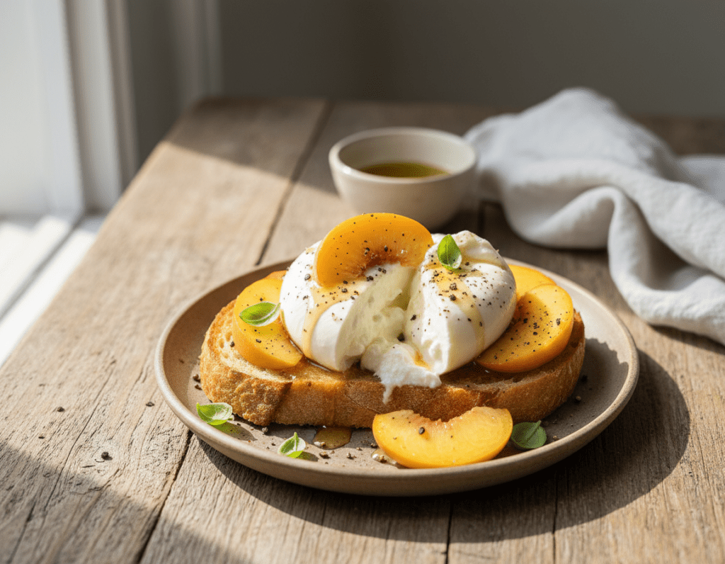 A rustic wooden table set against a soft, diffused light creates a warm and inviting atmosphere. In the foreground, a plate features a generous serving of creamy burrata cheese topped with ripe, sliced peaches, glistening with a light drizzle of honey. The burrata is nestled on a slice of golden, toasted bread, with a sprinkle of fresh basil and cracked black pepper for visual contrast. In the middle background, there are hints of a small bowl of olive oil and a white linen napkin casually arranged. The overall mood is fresh, summery, and comforting, inviting the viewer to savor the flavors. The image should be shot from a slightly elevated angle, capturing the textures and colors beautifully without any text or distractions.