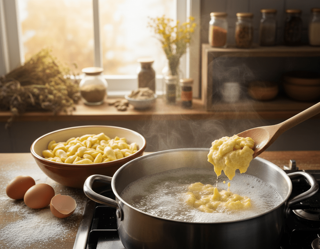 A serene kitchen setting showcasing the process of cooking Spätzli in salted water. In the foreground, a large pot filled with bubbling water on a stove, with a wooden spoon stirring the mixture of Spätzli ingredients. The middle layer features a bowl of fresh Spätzli dough ready to be dropped into the boiling water, surrounded by scattered flour and eggs. In the background, soft sunlight filters through a window, casting warm glows on the rustic kitchen decor, highlighting wooden shelves filled with spices and herbs. The atmosphere conveys a cozy, inviting mood, perfect for home cooking, with focus on the texture and color of the Spätzli. The image captures the essence of traditional Swiss cuisine in a professional, appetizing manner.