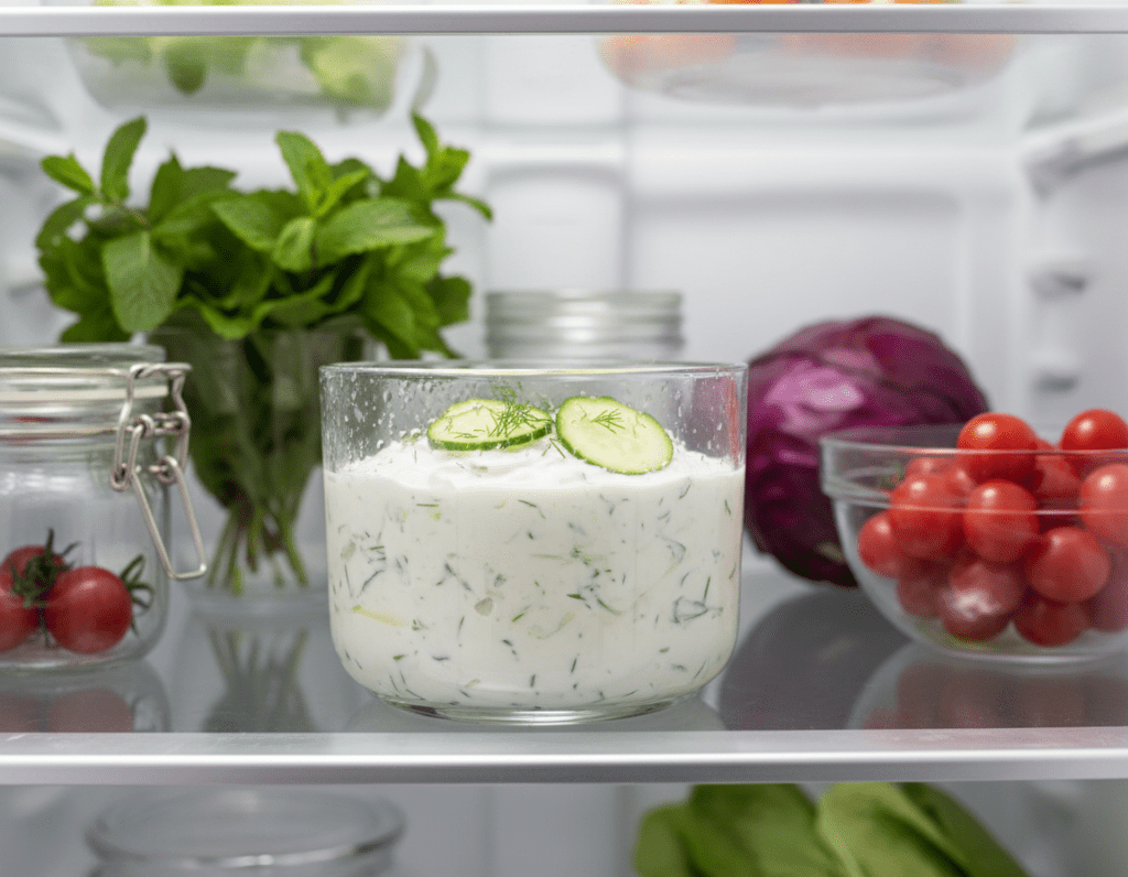 A sleek refrigerator interior, featuring a clear glass container filled with vibrant homemade tzatziki, garnished with fresh cucumber slices and sprigs of dill. In the foreground, the container pops against the cool, metallic shelves, with droplets of condensation subtly highlighting its freshness. The middle area includes neatly organized shelves with a few other fresh ingredients, like herbs and vegetables, creating a homely culinary atmosphere. In the background, the softly illuminated fridge interior gives an inviting and crisp ambiance. Soft, natural lighting accentuates the creamy texture of the tzatziki, evoking a sense of freshness and healthiness, perfect for the article section discussing the shelf life of homemade dips. A sleek refrigerator interior, featuring a clear glass container filled with vibrant homemade tzatziki, garnished with fresh cucumber slices and sprigs of dill. In the foreground, the container pops against the cool, metallic shelves, with droplets of condensation subtly highlighting its freshness. The middle area includes neatly organized shelves with a few other fresh ingredients, like herbs and vegetables, creating a homely culinary atmosphere. In the background, the softly illuminated fridge interior gives an inviting and crisp ambiance. Soft, natural lighting accentuates the creamy texture of the tzatziki, evoking a sense of freshness and healthiness, perfect for the article section discussing the shelf life of homemade dips.