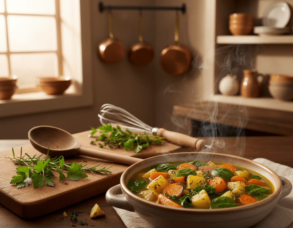 A steaming bowl of "Ofensuppe" sits prominently in the foreground, showcasing rich, vibrant colors of roasted vegetables like orange carrots, deep green spinach, and golden potatoes. The middle layer features wooden cutting boards adorned with a variety of fresh herbs such as parsley and thyme, along with a few rustic kitchen utensils like a wooden ladle. In the background, a cozy, warmly lit kitchen creates an inviting atmosphere, with soft, natural light filtering through a nearby window illuminating the scene. The overall mood is warm and comforting, evoking the essence of a homemade winter soup that brings people together. The angle is slightly overhead, capturing the depth and inviting nature of the dish, with no text or distractions present. A steaming bowl of "Ofensuppe" sits prominently in the foreground, showcasing rich, vibrant colors of roasted vegetables like orange carrots, deep green spinach, and golden potatoes. The middle layer features wooden cutting boards adorned with a variety of fresh herbs such as parsley and thyme, along with a few rustic kitchen utensils like a wooden ladle. In the background, a cozy, warmly lit kitchen creates an inviting atmosphere, with soft, natural light filtering through a nearby window illuminating the scene. The overall mood is warm and comforting, evoking the essence of a homemade winter soup that brings people together. The angle is slightly overhead, capturing the depth and inviting nature of the dish, with no text or distractions present.