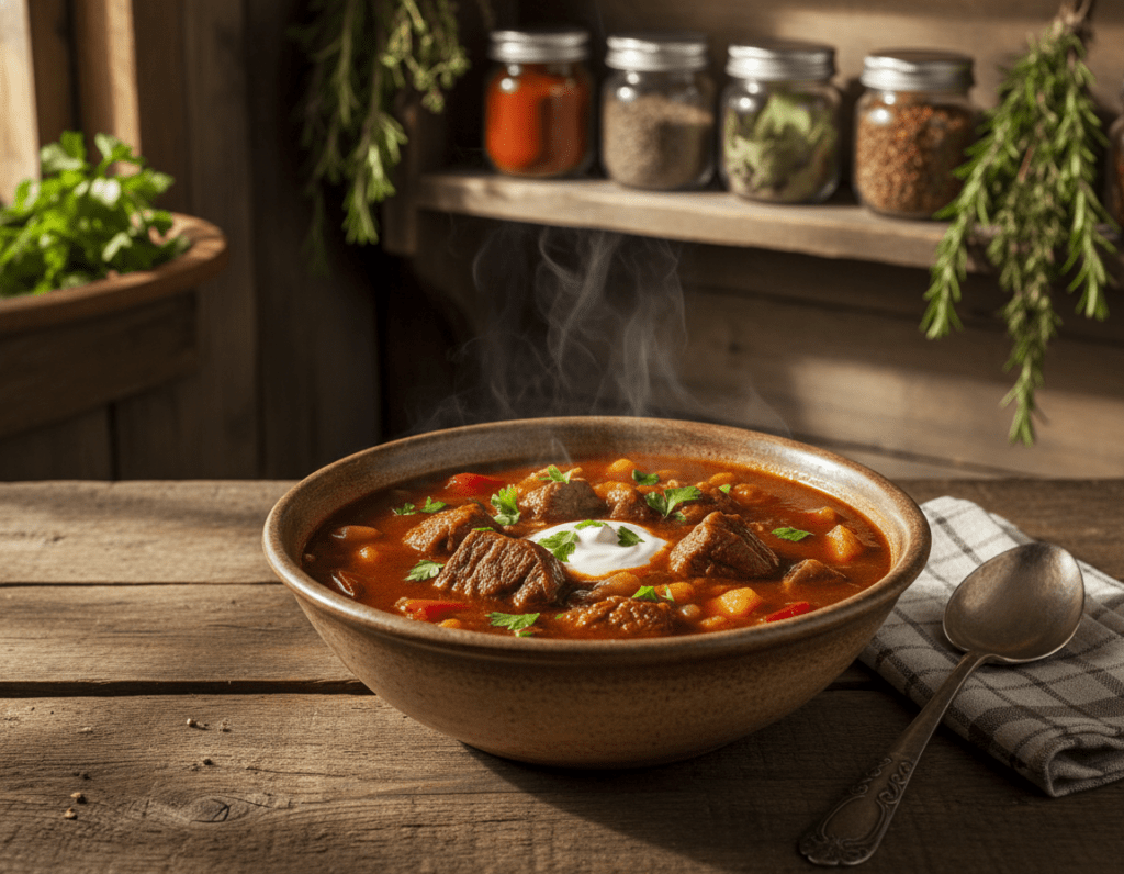 A steaming bowl of authentic Hungarian goulash soup, rich in vibrant red and orange hues, served on a rustic wooden table. The soup, filled with tender chunks of beef and colorful diced potatoes, is garnished with a sprinkle of fresh parsley and a dollop of sour cream, enhancing its appeal. In the background, a soft-focus kitchen with wooden shelves lined with traditional spices and herbs creates a warm and inviting atmosphere. The lighting is warm and natural, casting gentle shadows that highlight the bowl’s texture. A close-up, slightly overhead angle captures the essence of the dish, drawing the viewer’s eye to the hearty ingredients. This image should evoke a sense of comfort and authenticity, perfectly illustrating the essence of traditional Hungarian cuisine. A steaming bowl of authentic Hungarian goulash soup, rich in vibrant red and orange hues, served on a rustic wooden table. The soup, filled with tender chunks of beef and colorful diced potatoes, is garnished with a sprinkle of fresh parsley and a dollop of sour cream, enhancing its appeal. In the background, a soft-focus kitchen with wooden shelves lined with traditional spices and herbs creates a warm and inviting atmosphere. The lighting is warm and natural, casting gentle shadows that highlight the bowl’s texture. A close-up, slightly overhead angle captures the essence of the dish, drawing the viewer’s eye to the hearty ingredients. This image should evoke a sense of comfort and authenticity, perfectly illustrating the essence of traditional Hungarian cuisine.