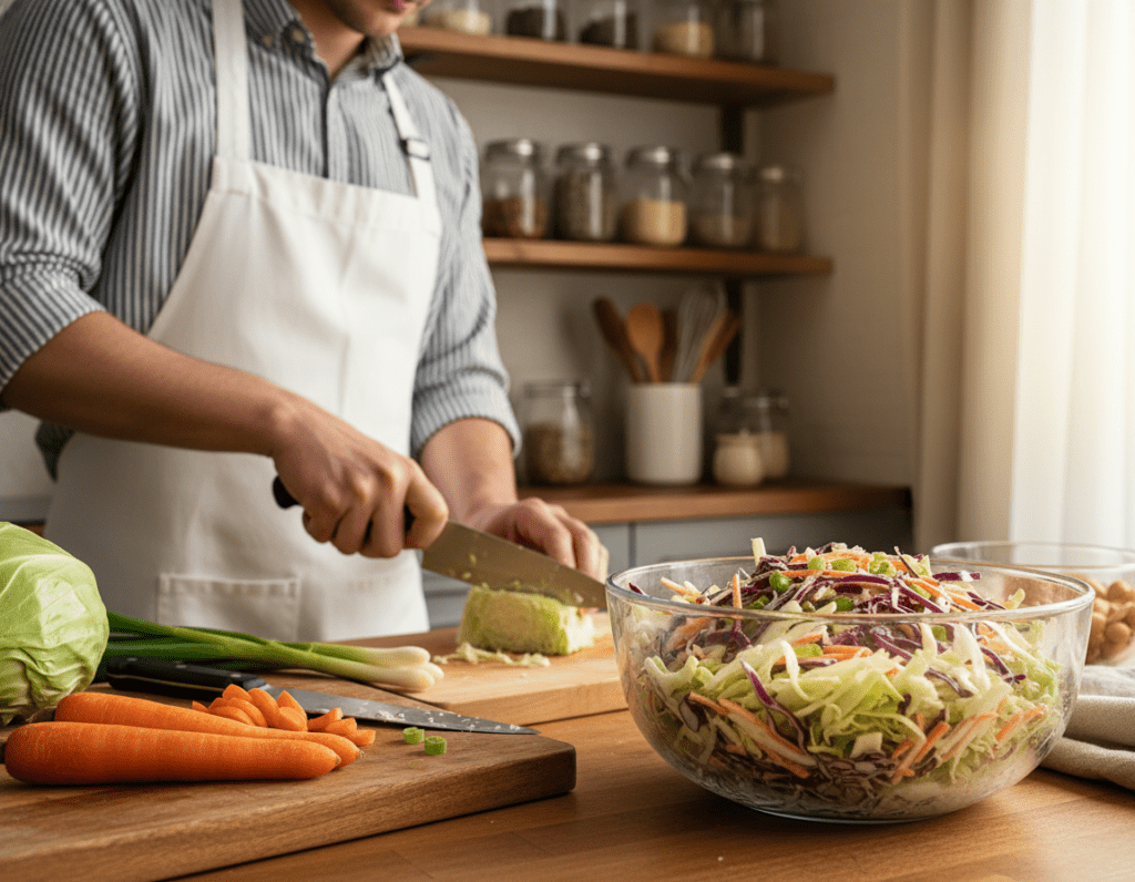 A step-by-step coleslaw preparation scene, showcasing fresh ingredients elegantly arranged on a wooden kitchen countertop. In the foreground, a large bowl filled with finely shredded cabbage, carrots, and green onions, glistening with a creamy dressing. A sharp knife and a cutting board are positioned nearby, hinting at the preparation process. In the middle, a chef, dressed in a professional white apron, skillfully chopping vegetables with focus and attention. The background features a rustic kitchen setting with wooden shelves displaying jars of spices and cooking utensils, bathed in warm, natural light to create a cozy atmosphere. The angle is slightly elevated, capturing both the chef's actions and the vibrant colors of the ingredients, evoking a sense of freshness and culinary creativity. A step-by-step coleslaw preparation scene, showcasing fresh ingredients elegantly arranged on a wooden kitchen countertop. In the foreground, a large bowl filled with finely shredded cabbage, carrots, and green onions, glistening with a creamy dressing. A sharp knife and a cutting board are positioned nearby, hinting at the preparation process. In the middle, a chef, dressed in a professional white apron, skillfully chopping vegetables with focus and attention. The background features a rustic kitchen setting with wooden shelves displaying jars of spices and cooking utensils, bathed in warm, natural light to create a cozy atmosphere. The angle is slightly elevated, capturing both the chef's actions and the vibrant colors of the ingredients, evoking a sense of freshness and culinary creativity.