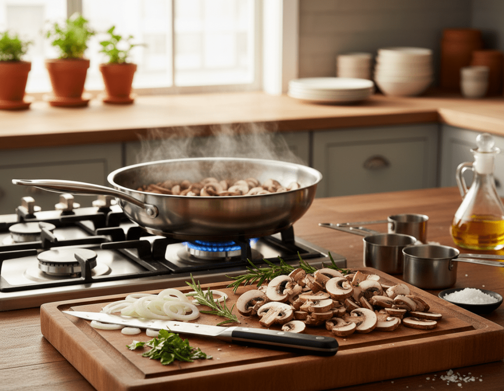 A step-by-step cooking scene focused on preparing mushroom ragout. In the foreground, a wooden chopping board displays freshly sliced mushrooms, onions, and herbs, with a sharp chef's knife resting nearby. In the middle ground, a stainless steel pan on a gas stove is sautéing the ingredients, with aromatic steam rising. A set of measuring cups, olive oil, and a sprinkle of salt lie next to the stovetop, emphasizing the cooking process. The background features a well-organized kitchen, warmly lit by soft, natural light filtering through a window. The atmosphere is inviting and homey, suggesting a cozy cooking session. The camera angle is slightly above eye-level, capturing the action and vibrant colors of the ingredients without any text or branding.