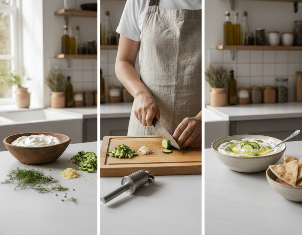 A step-by-step guide for making authentic Greek Tzatziki, featuring a clean kitchen countertop with fresh ingredients. In the foreground, include a bowl containing creamy yogurt, chopped cucumbers, minced garlic, and scattered fresh dill. The middle of the image shows the process: a person in a modest, casual apron, preparing the ingredients with a knife and cutting board. Soft, natural light filters through a nearby window, casting gentle shadows and illuminating the vibrant colors of the ingredients. The background features a rustic kitchen setting, with olive oil bottles and spices neatly arranged on a shelf, evoking a warm and inviting atmosphere. No text, logos, or watermarks are present. A step-by-step guide for making authentic Greek Tzatziki, featuring a clean kitchen countertop with fresh ingredients. In the foreground, include a bowl containing creamy yogurt, chopped cucumbers, minced garlic, and scattered fresh dill. The middle of the image shows the process: a person in a modest, casual apron, preparing the ingredients with a knife and cutting board. Soft, natural light filters through a nearby window, casting gentle shadows and illuminating the vibrant colors of the ingredients. The background features a rustic kitchen setting, with olive oil bottles and spices neatly arranged on a shelf, evoking a warm and inviting atmosphere. No text, logos, or watermarks are present.